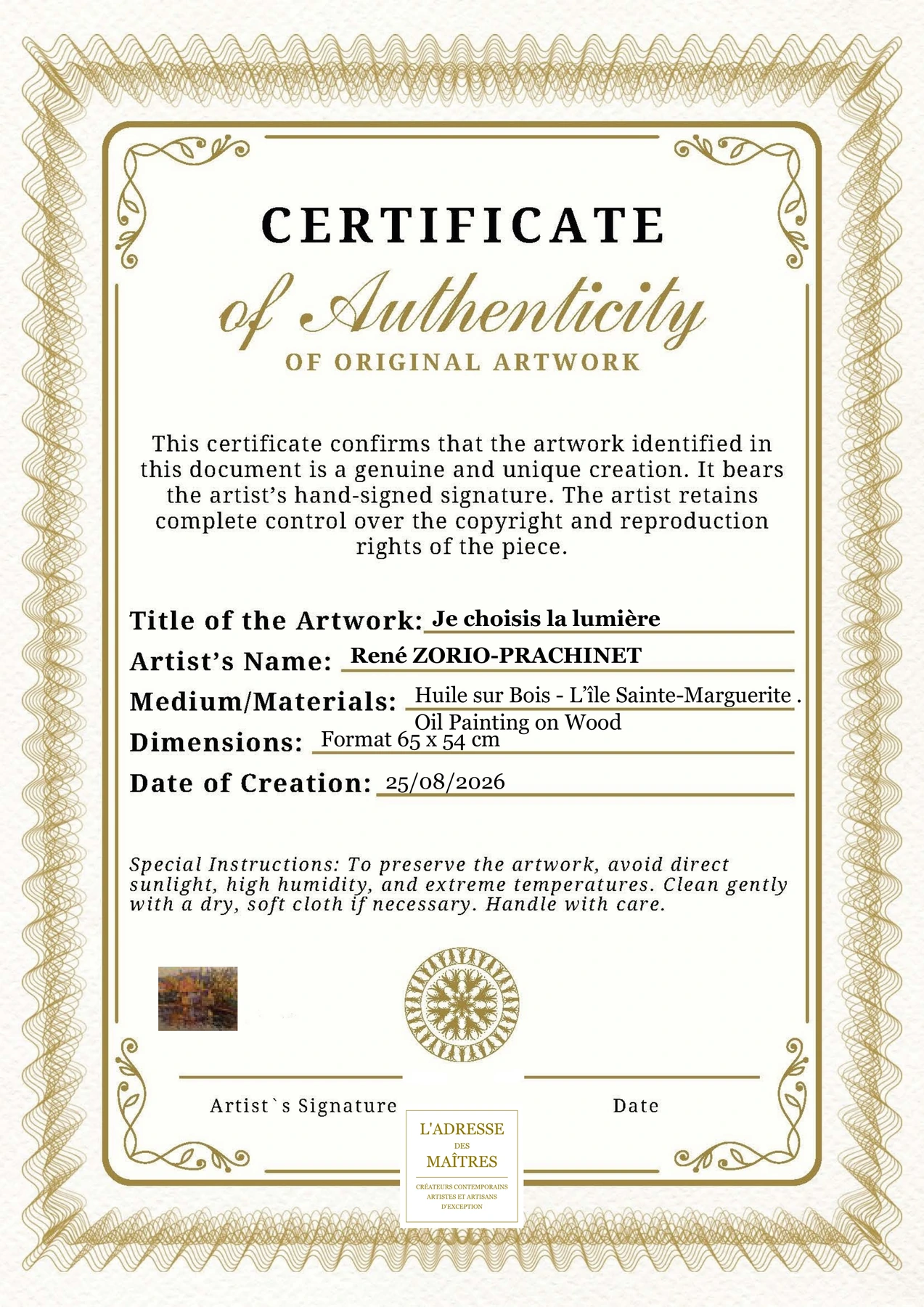 Certificat d'authenticité - Je choisis la lumière - René ZORIO-PRACHINET