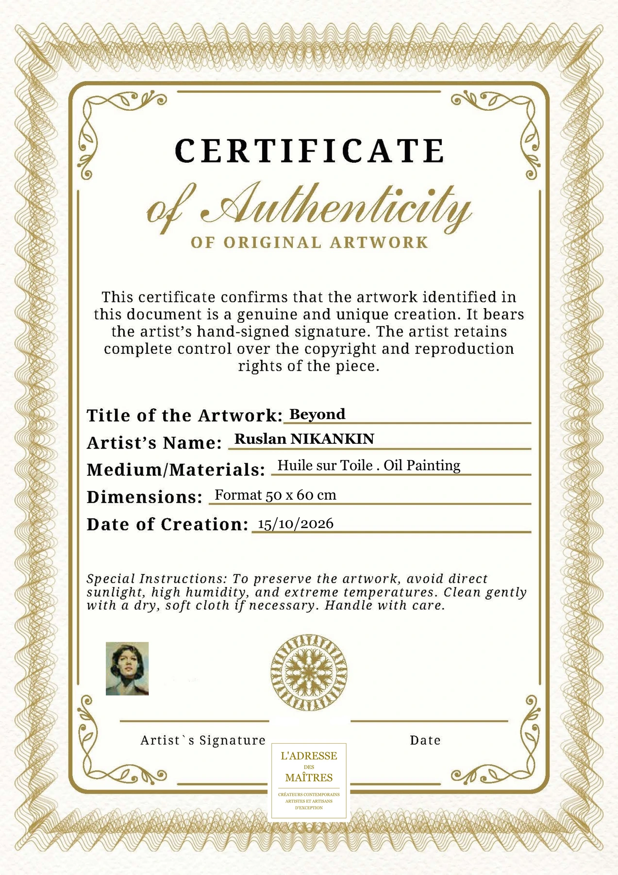 Certificat d'authenticité - Beyond - Ruslan NIKANKIN