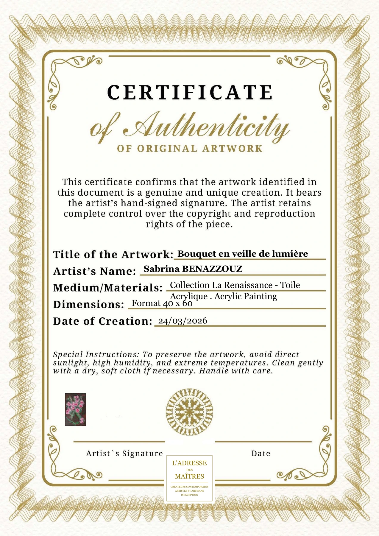 Certificat d'authenticité - Bouquet en veille de lumière - Sabrina BENAZZOUZ