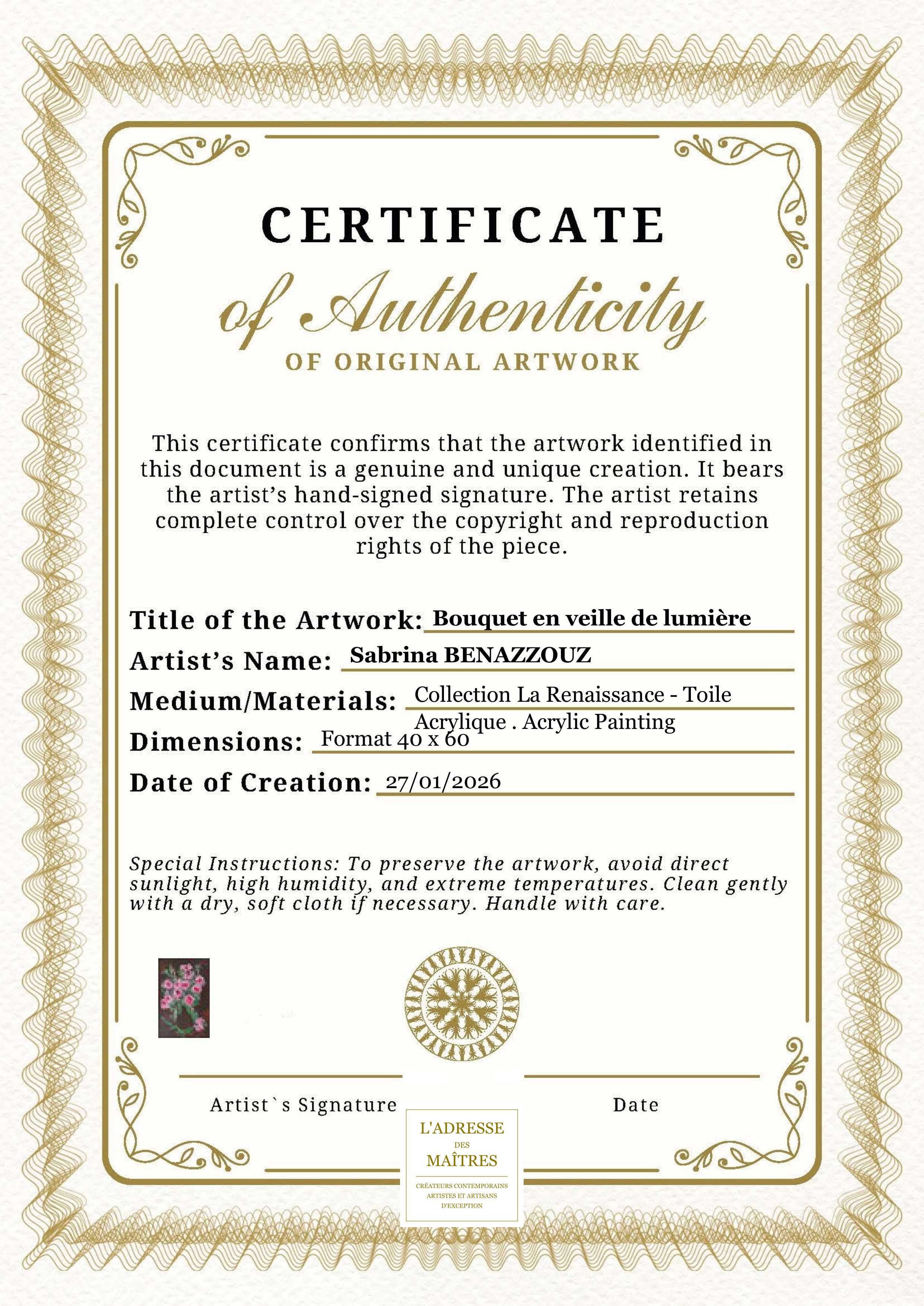Certificat d'authenticité — Bouquet en veille de lumière — Sabrina BENAZZOUZ