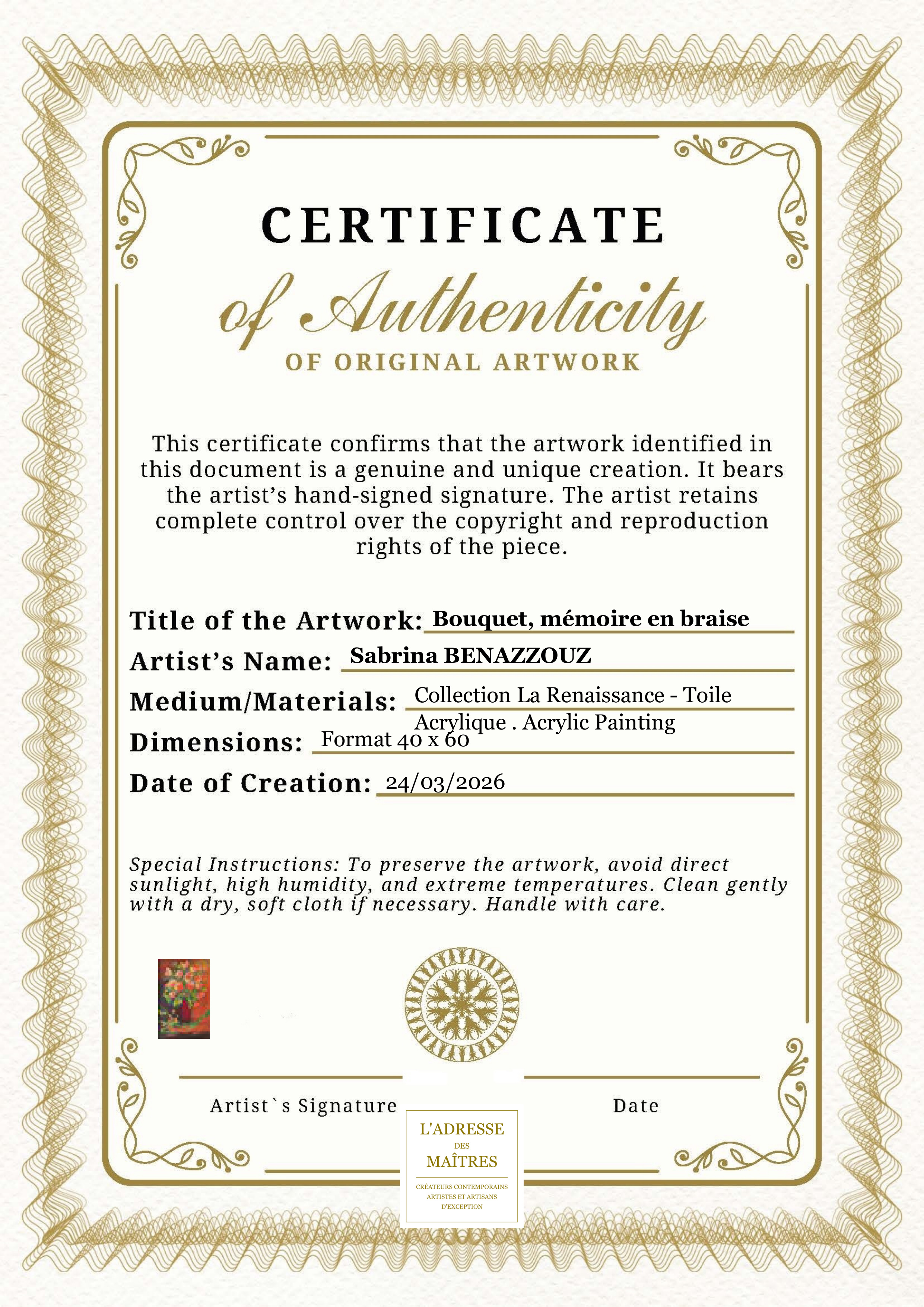 Certificat d'authenticité — Bouquet, mémoire en braise — Sabrina BENAZZOUZ