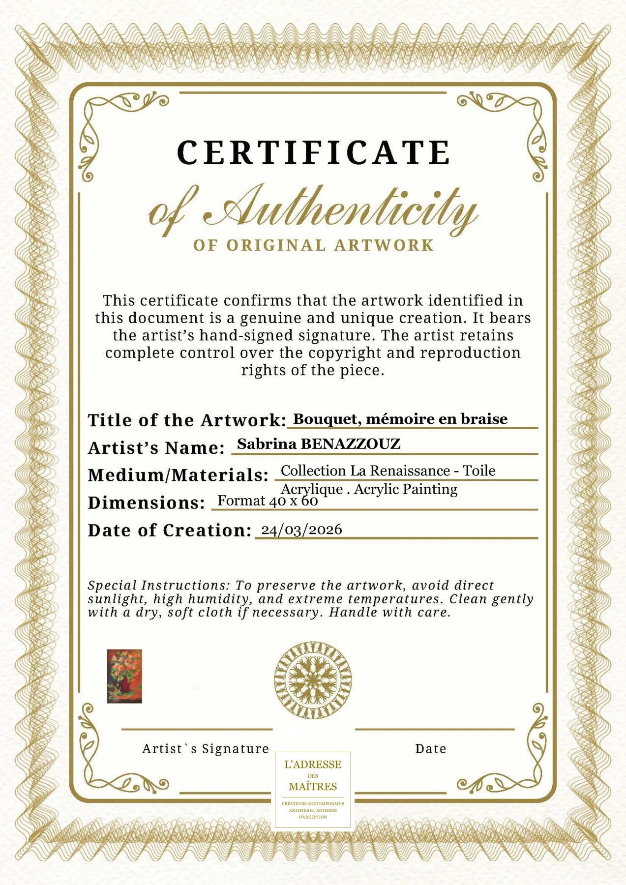 Certificat d'authenticité - Bouquet, mémoire en braise - Sabrina BENAZZOUZ