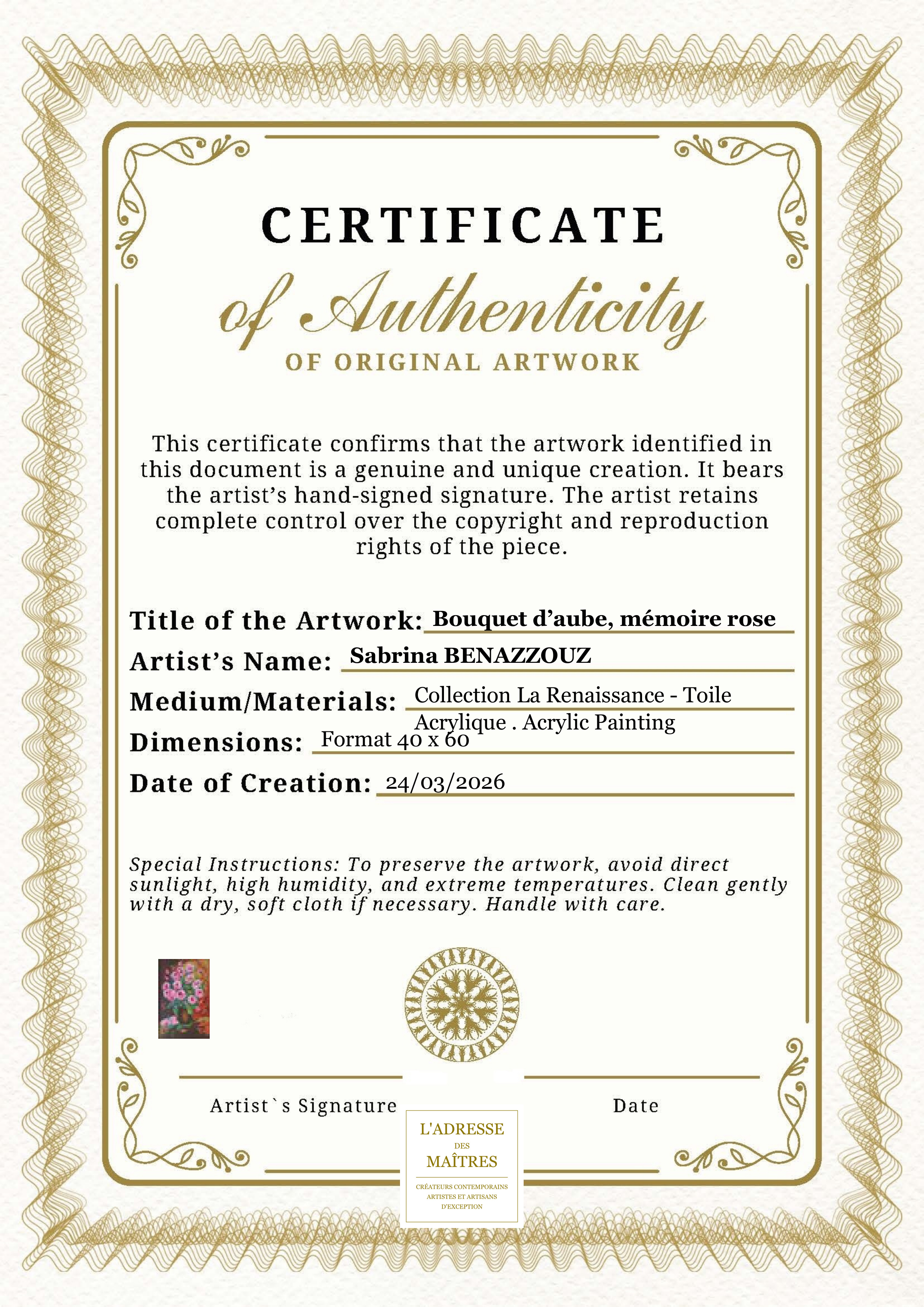 Certificat d'authenticité — Bouquet d’aube, mémoire rose — Sabrina BENAZZOUZ
