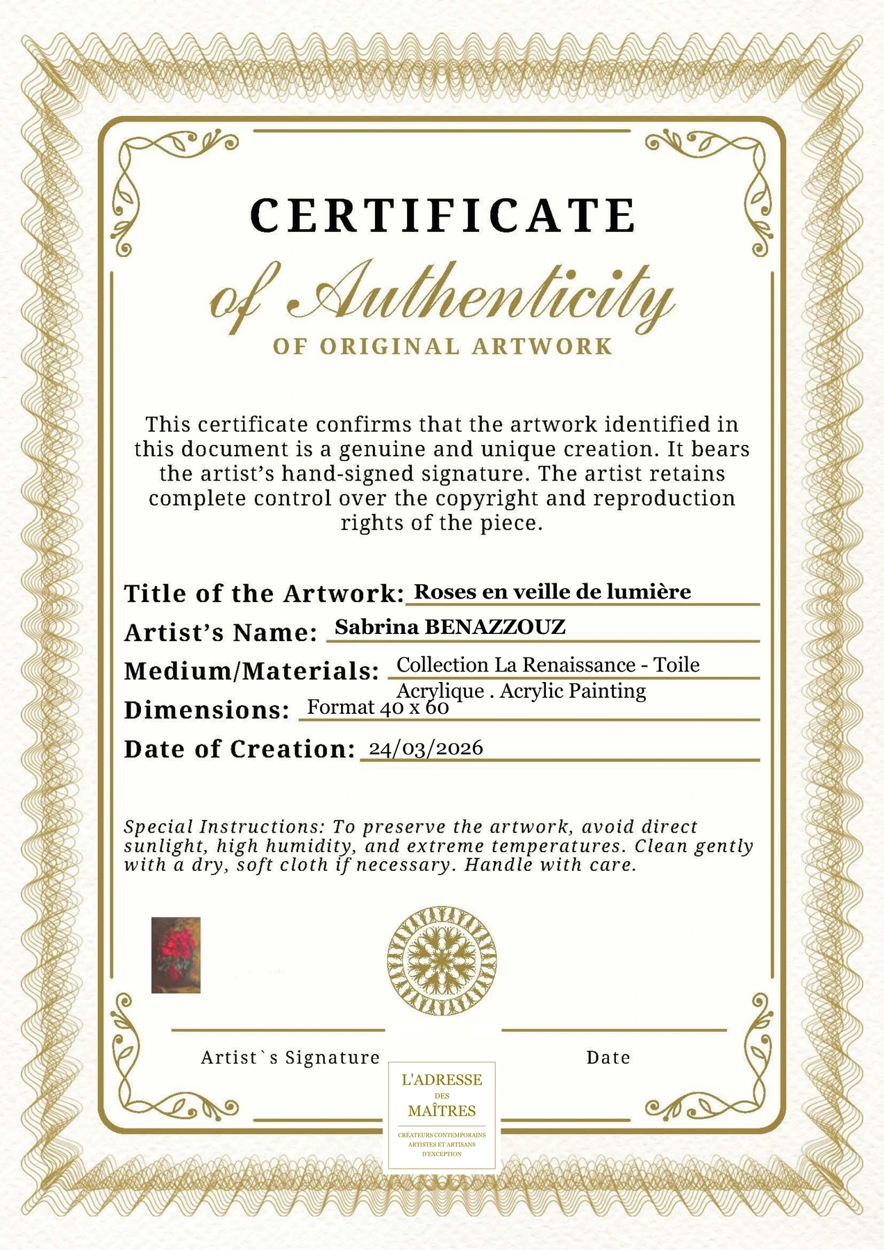 Certificat d'authenticité - Roses en veille de lumière - Sabrina BENAZZOUZ