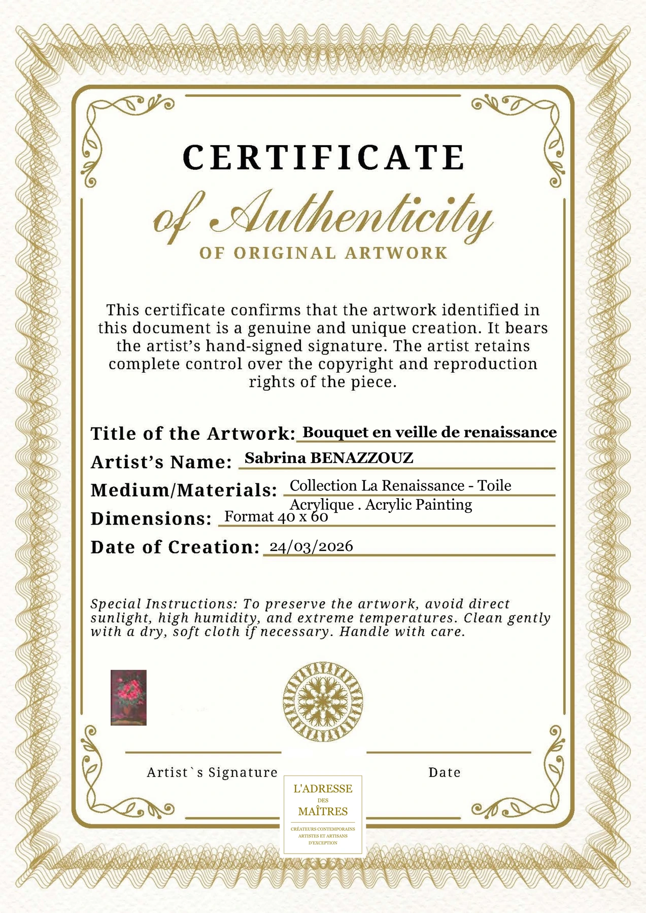 Certificat d'authenticité - Bouquet en veille de renaissance - Sabrina BENAZZOUZ
