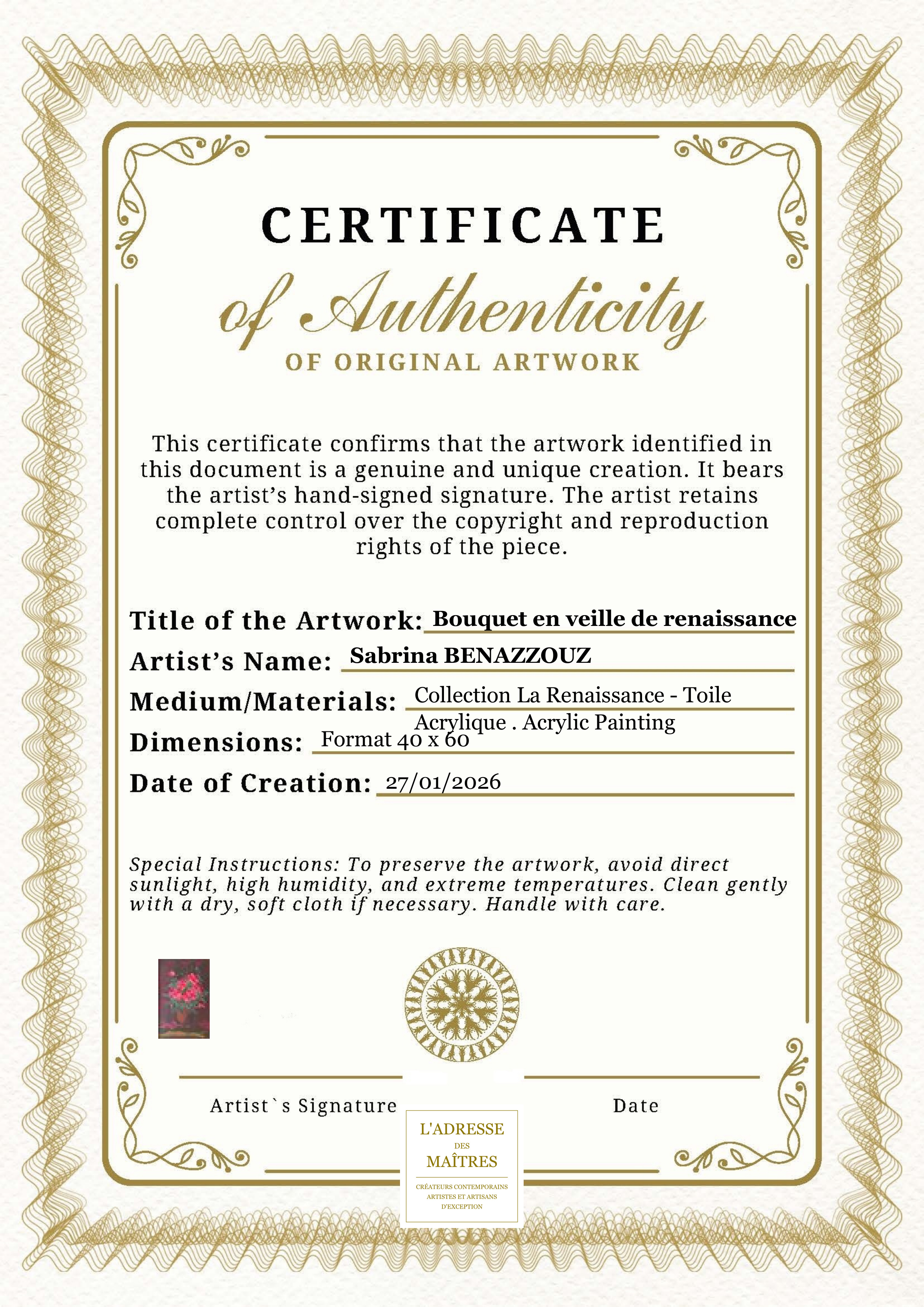 Certificat d'authenticité — Bouquet en veille de renaissance — Sabrina BENAZZOUZ