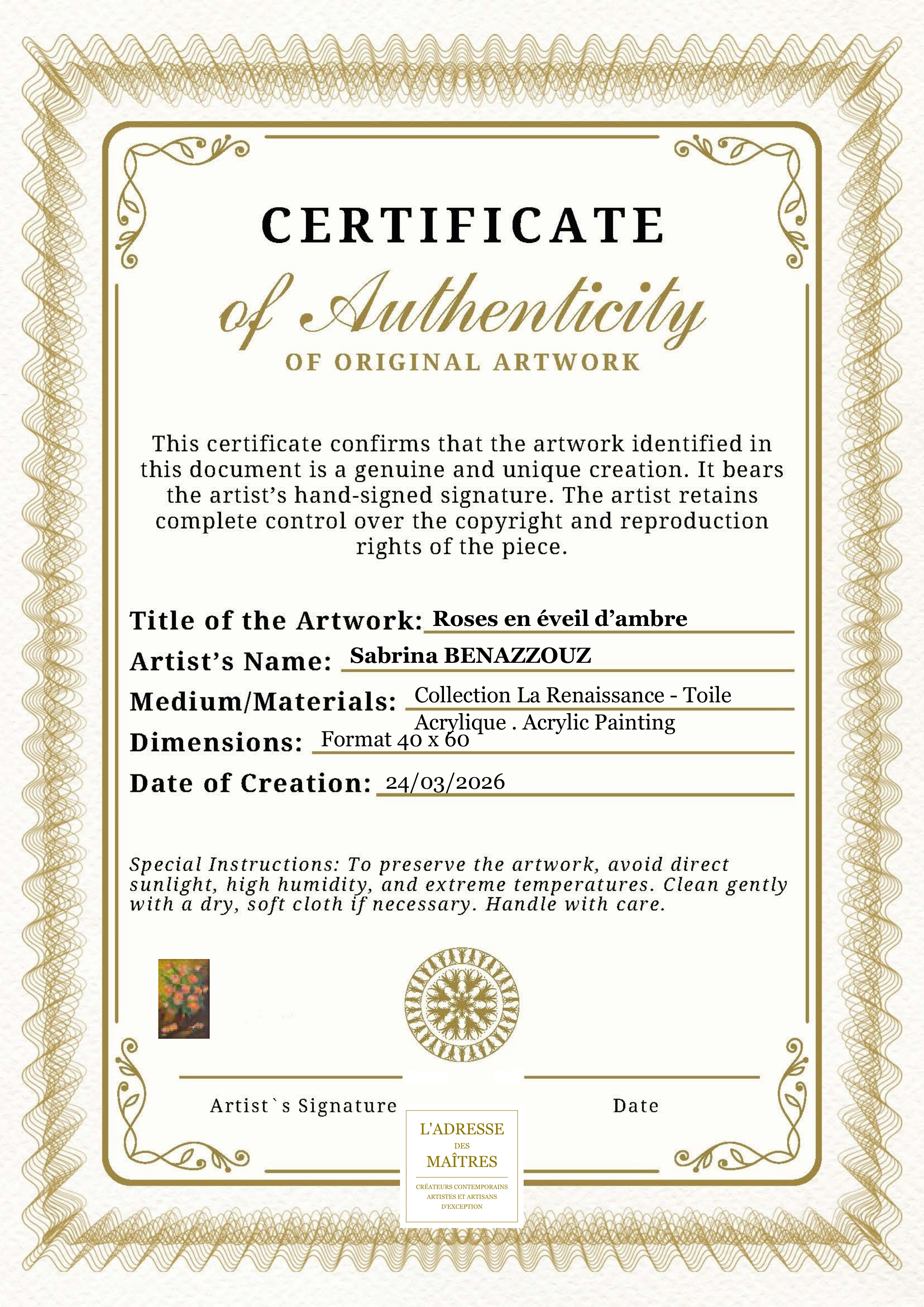 Certificat d'authenticité — Roses en éveil d’ambre — Sabrina BENAZZOUZ