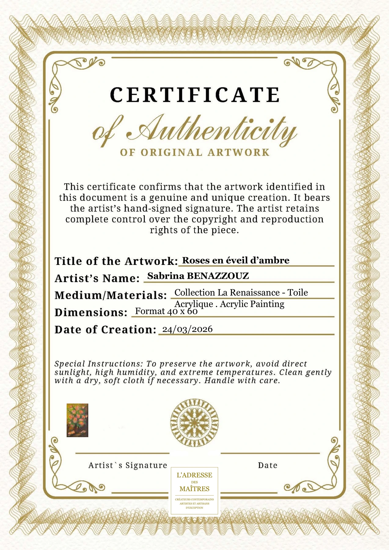 Certificat d'authenticité - Roses en éveil d’ambre - Sabrina BENAZZOUZ