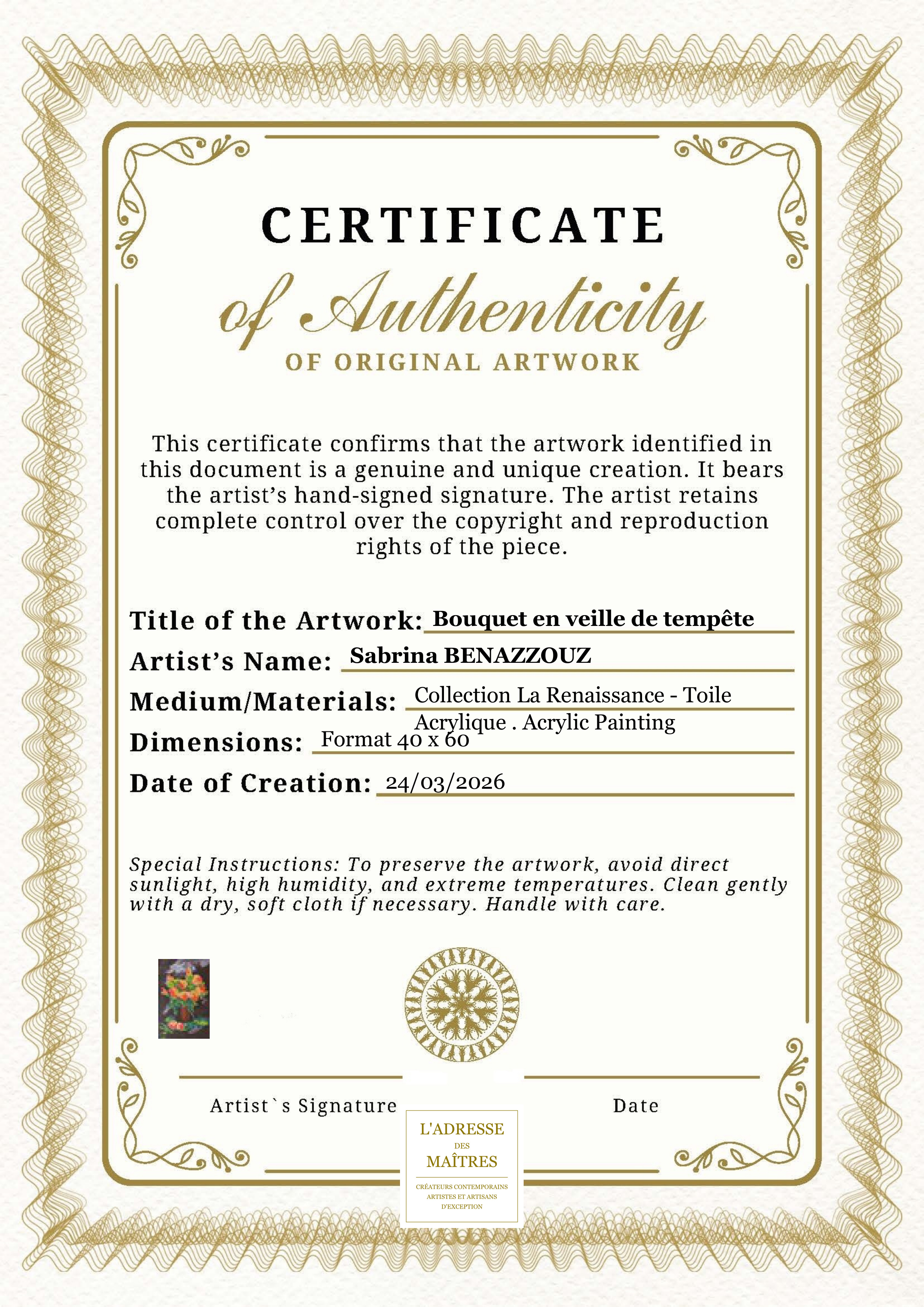 Certificat d'authenticité — Bouquet en veille de tempête — Sabrina BENAZZOUZ