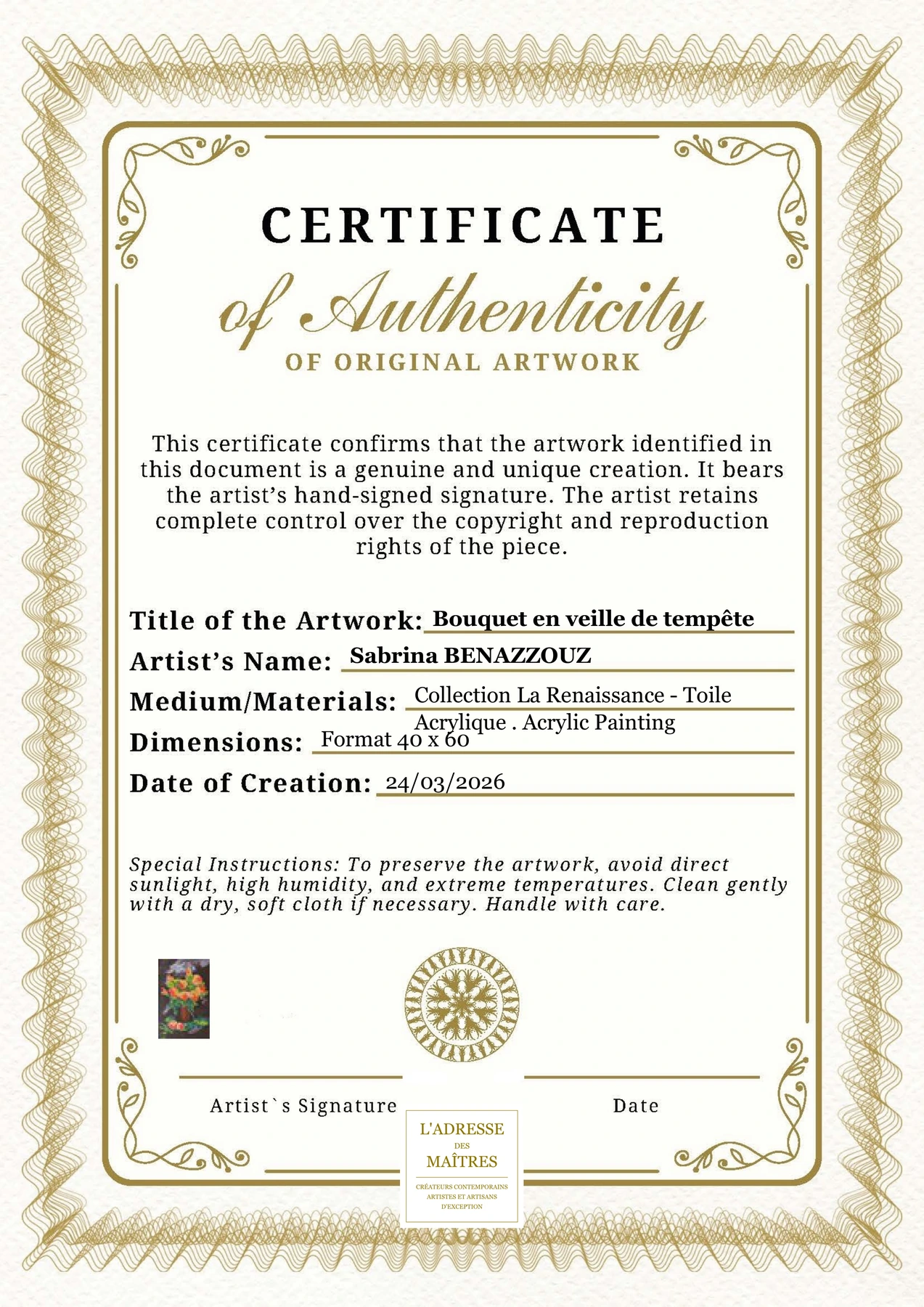 Certificat d'authenticité - Bouquet en veille de tempête - Sabrina BENAZZOUZ