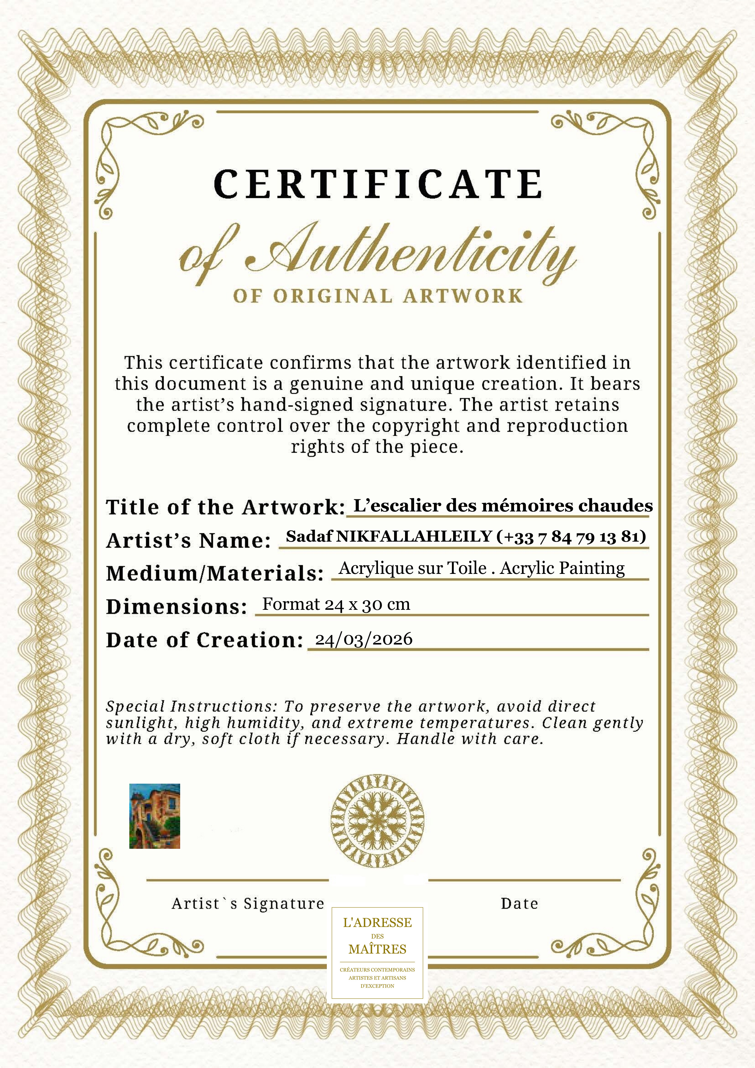Certificat d'authenticité — L’escalier des mémoires chaudes — Sadaf NIKFALLAHLEILY (+33 7 84 79 13 81)