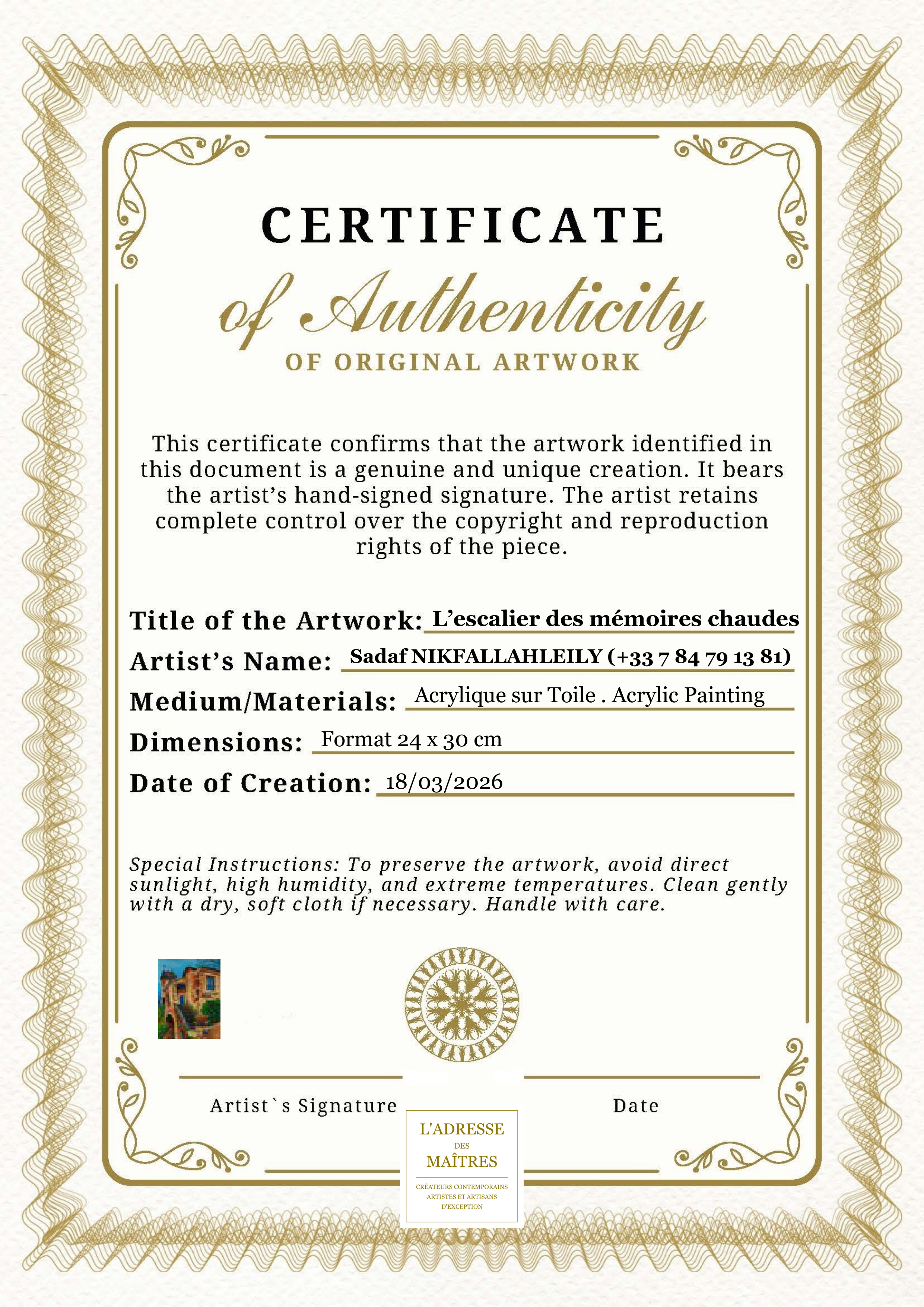 Certificat d'authenticité — L’escalier des mémoires chaudes — Sadaf NIKFALLAHLEILY (+33 7 84 79 13 81)