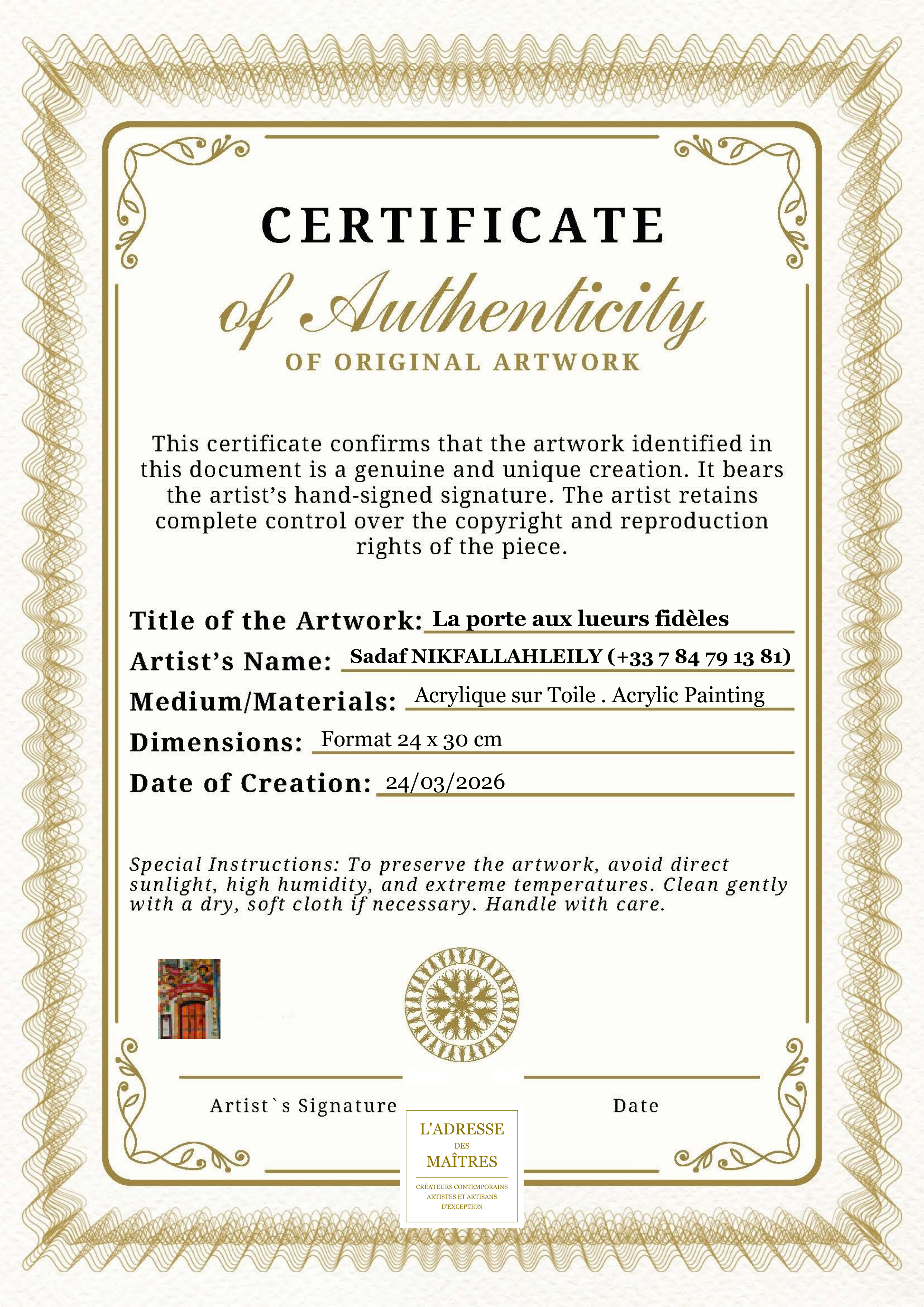 Certificat d'authenticité — La porte aux lueurs fidèles — Sadaf NIKFALLAHLEILY (+33 7 84 79 13 81)