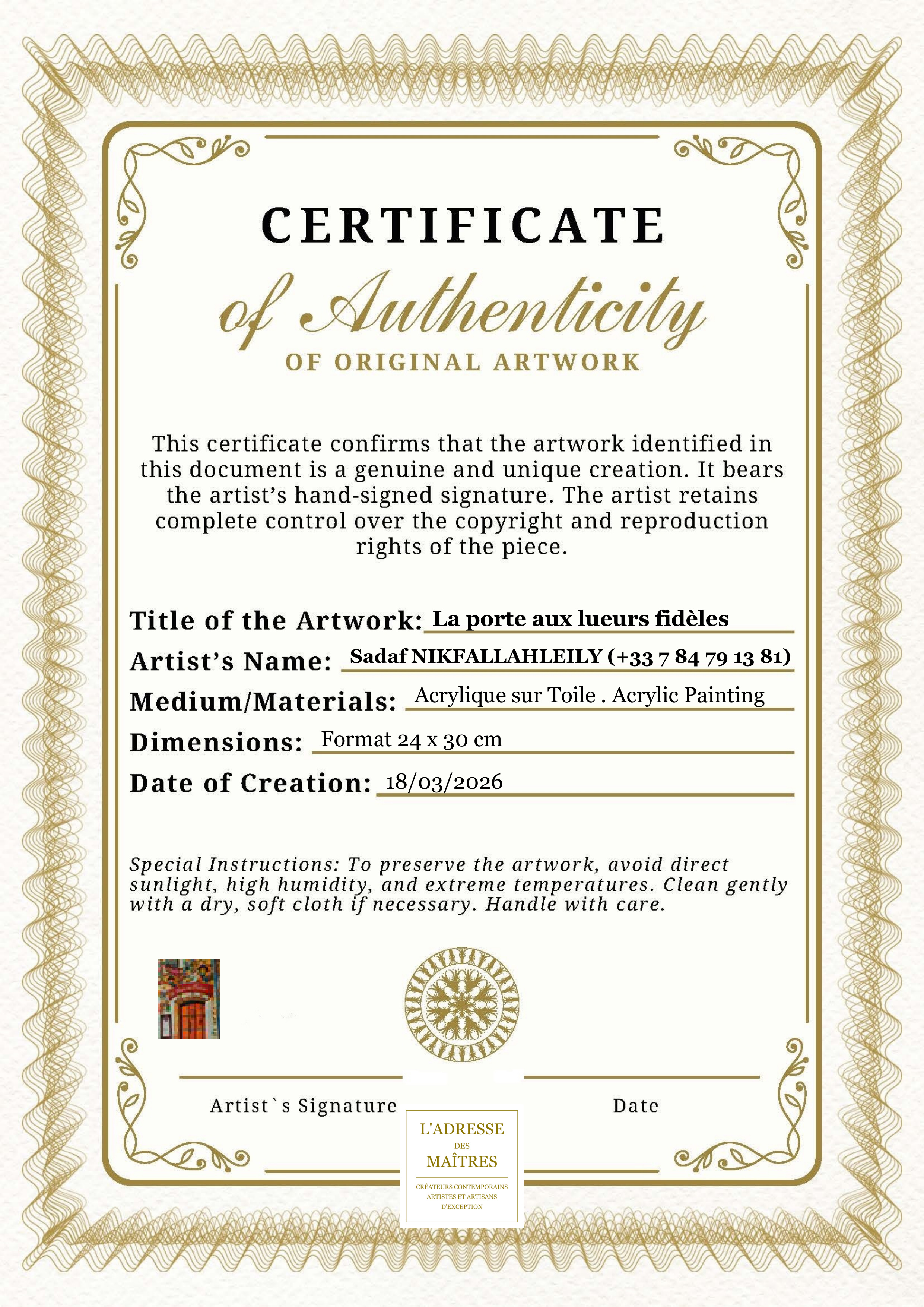 Certificat d'authenticité — La porte aux lueurs fidèles — Sadaf NIKFALLAHLEILY (+33 7 84 79 13 81)