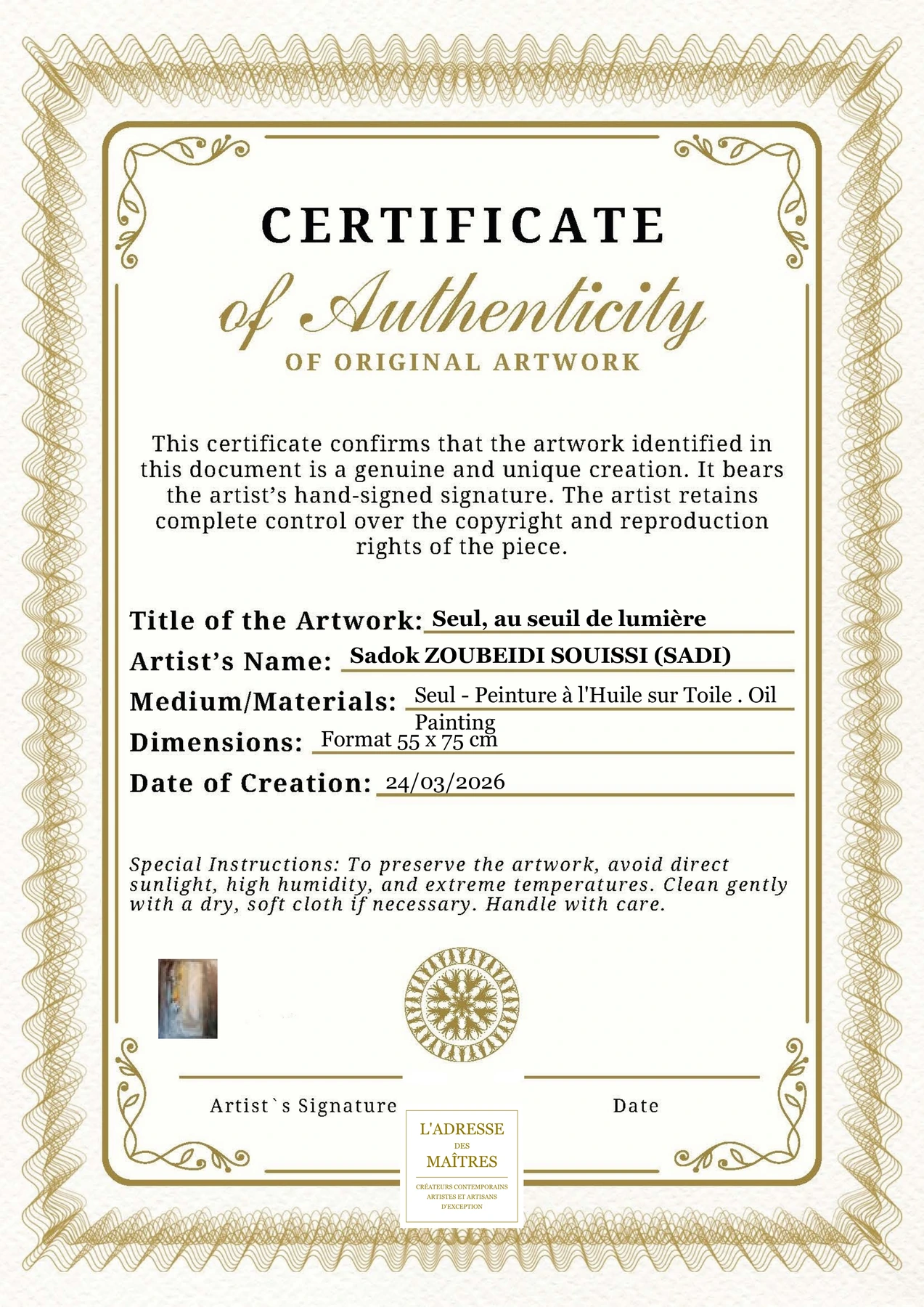 Certificat d'authenticité - Seul, au seuil de lumière - Sadok ZOUBEIDI SOUISSI (SADI)