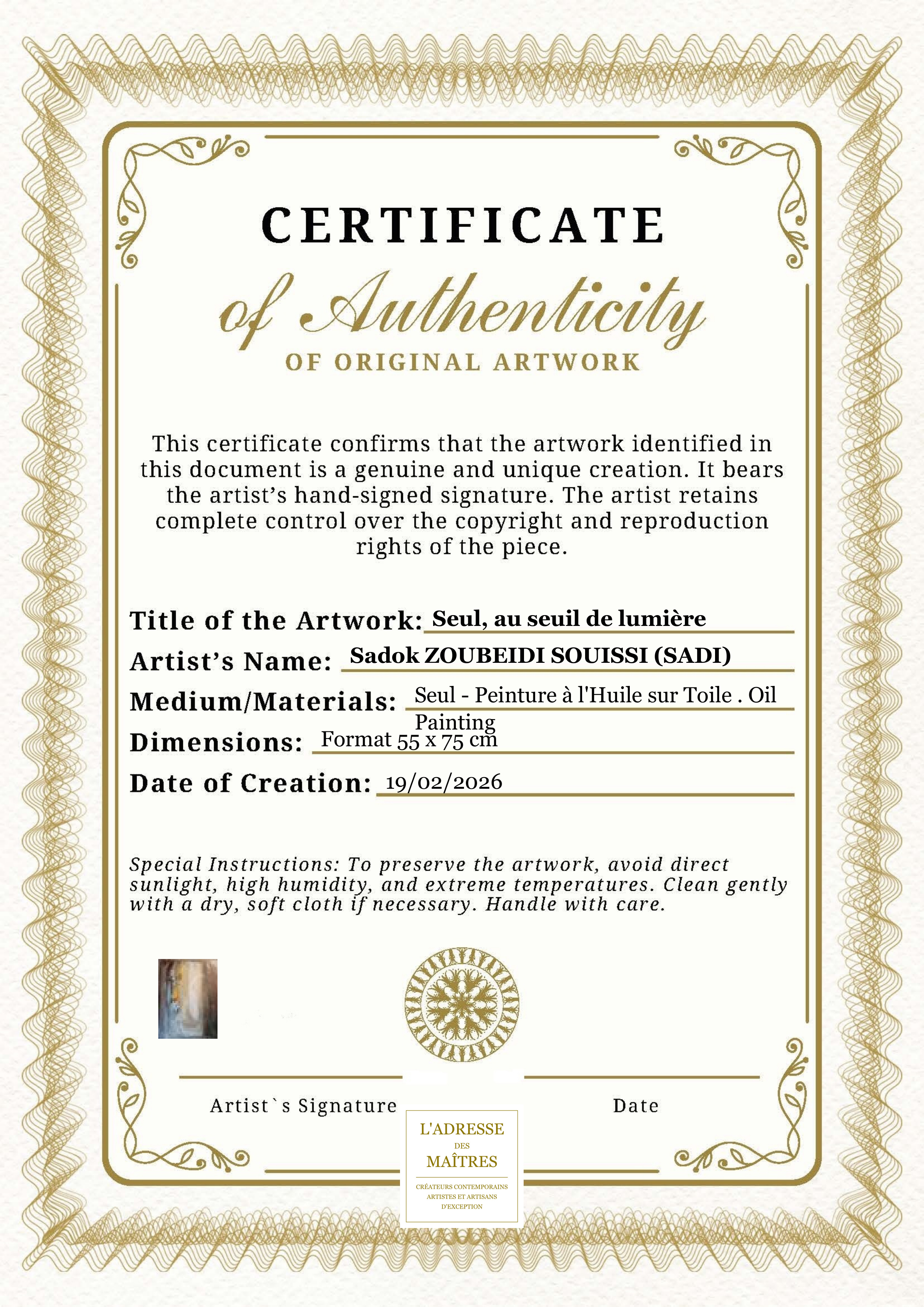 Certificat d'authenticité — Seul, au seuil de lumière — Sadok ZOUBEIDI SOUISSI (SADI)