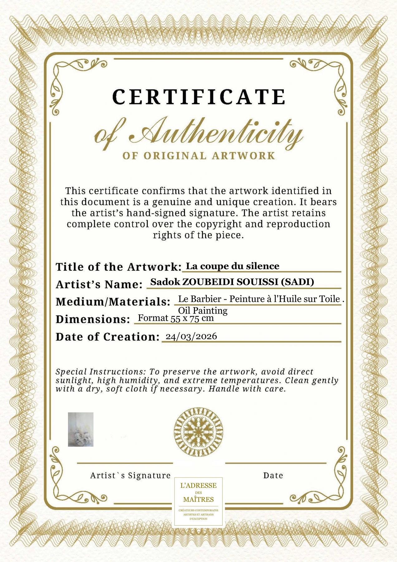 Certificat d'authenticité - La coupe du silence - Sadok ZOUBEIDI SOUISSI (SADI)