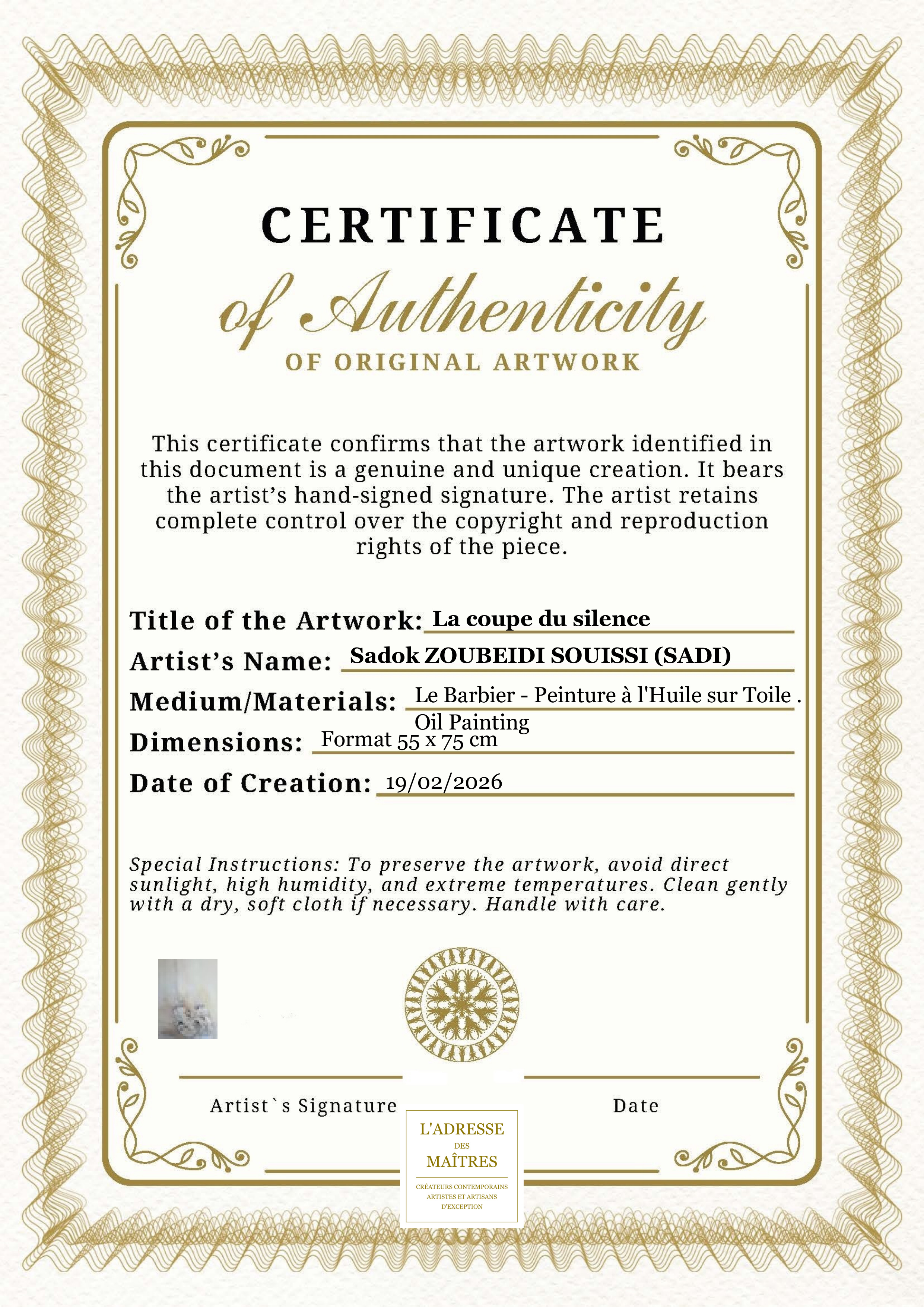 Certificat d'authenticité — La coupe du silence — Sadok ZOUBEIDI SOUISSI (SADI)