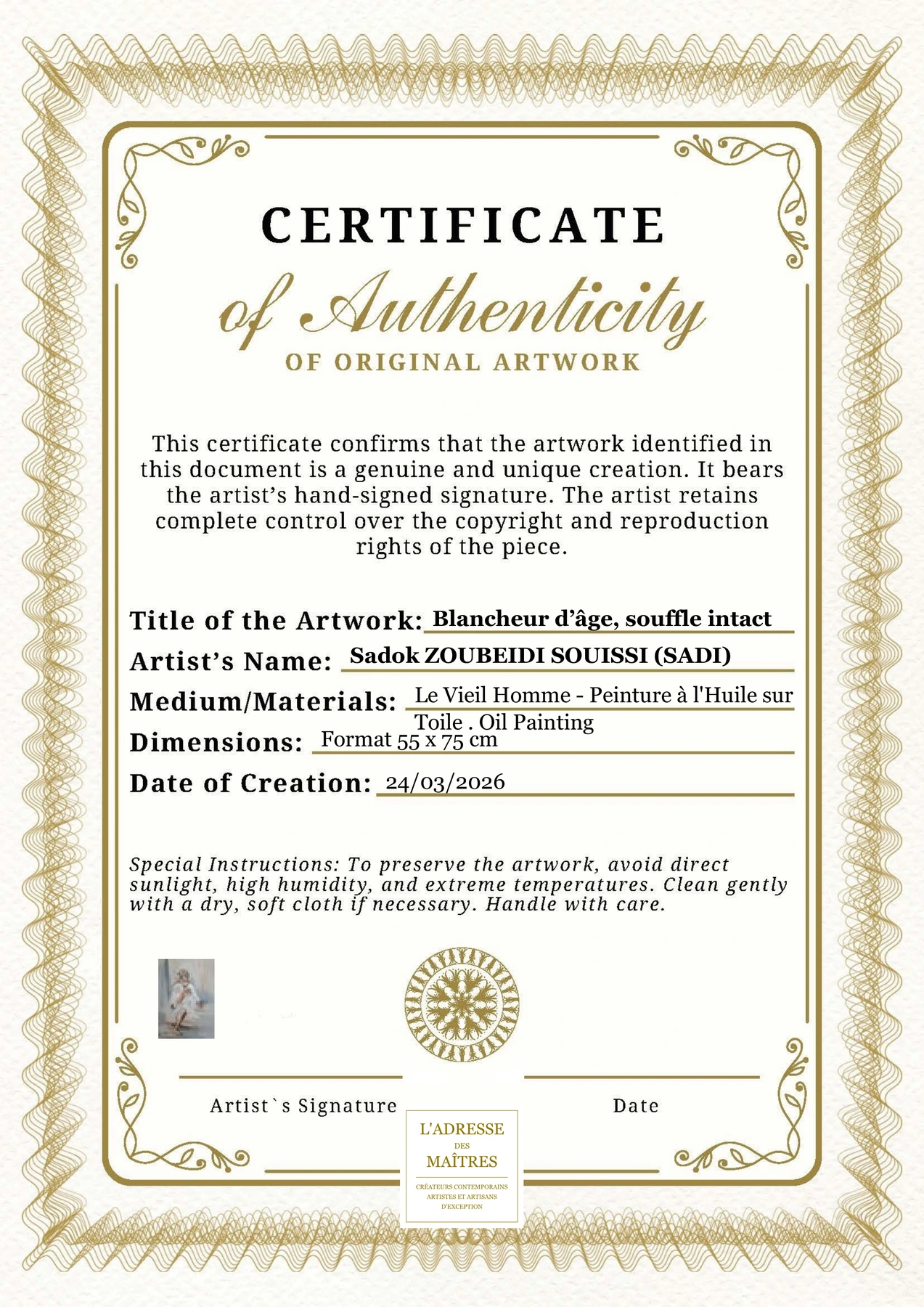 Certificat d'authenticité - Blancheur d’âge, souffle intact - Sadok ZOUBEIDI SOUISSI (SADI)