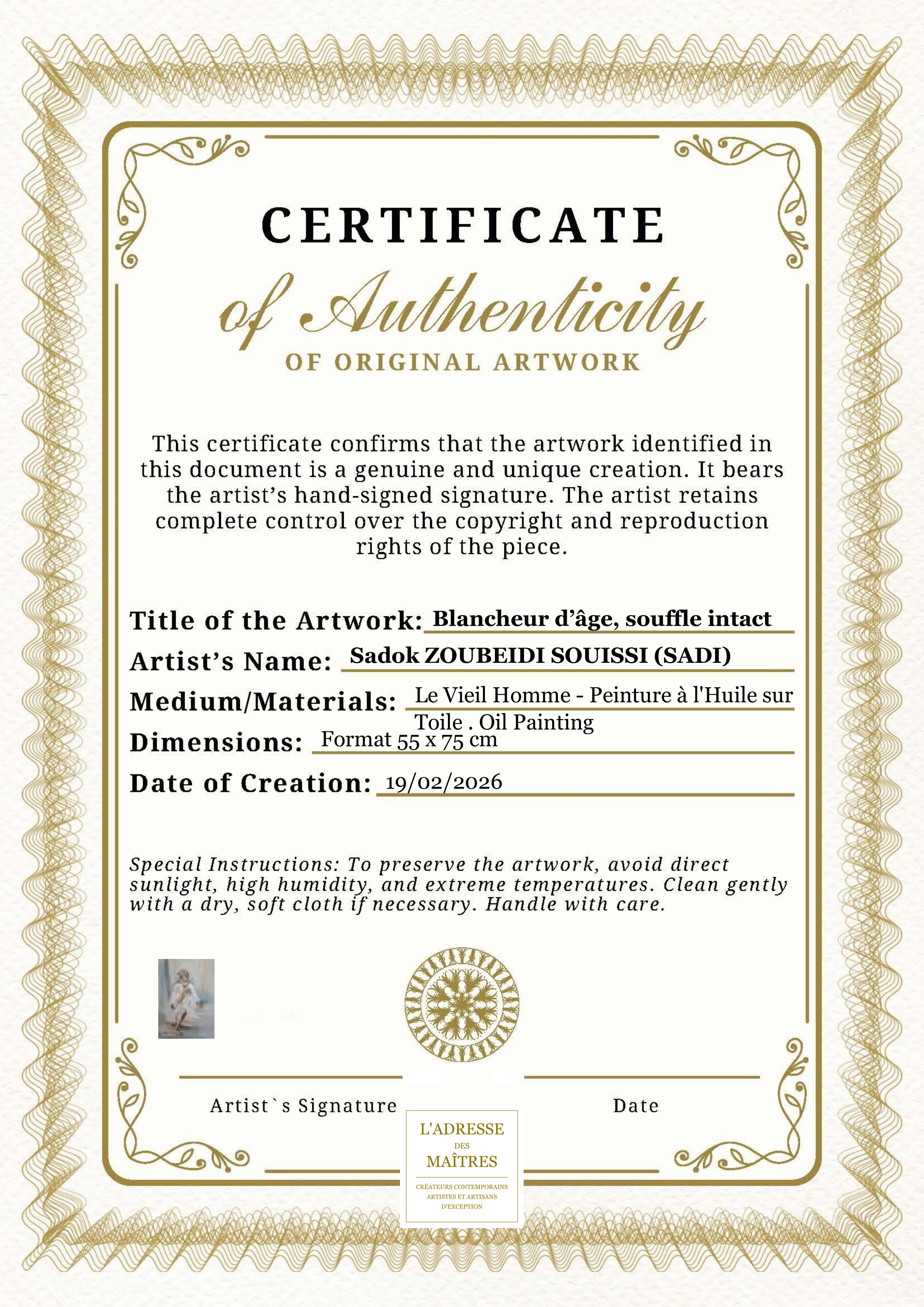 Certificat d'authenticité — Blancheur d’âge, souffle intact — Sadok ZOUBEIDI SOUISSI (SADI)