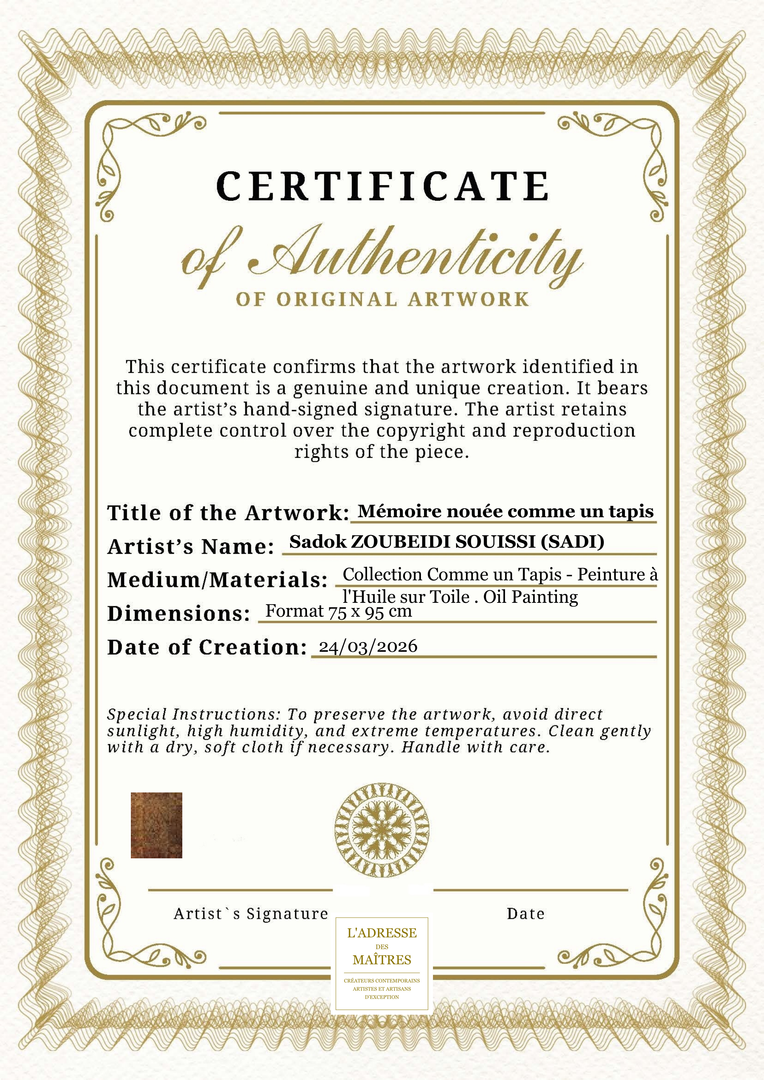 Certificate of Authenticity — A tapestry-like scroll — Sadok ZOUBEIDI SOUISSI (SADI)