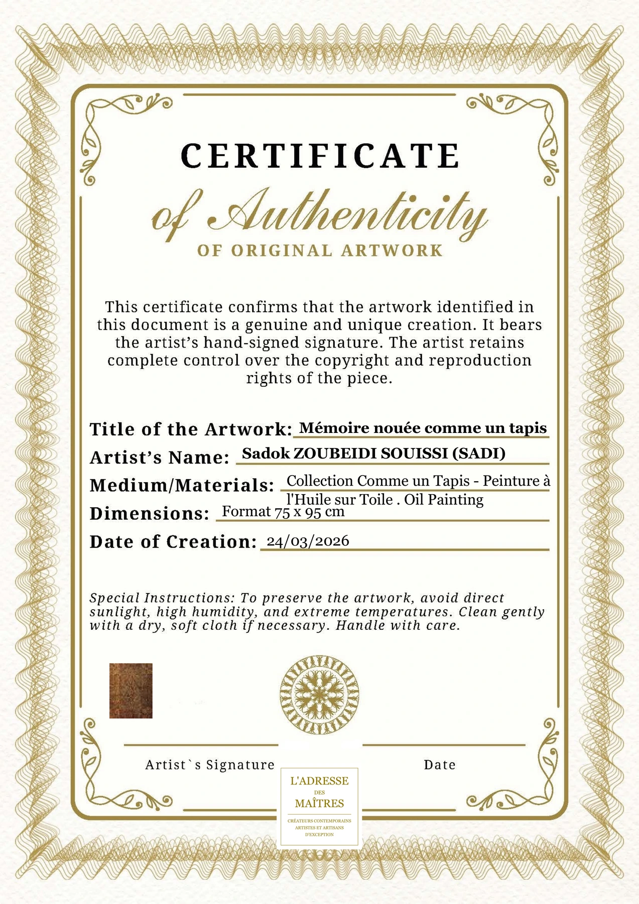 Certificat d'authenticité - Mémoire nouée comme un tapis - Sadok ZOUBEIDI SOUISSI (SADI)