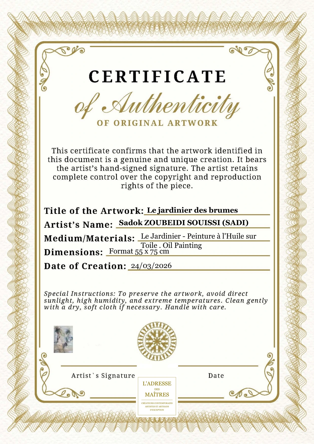 Certificat d'authenticité - Le jardinier des brumes - Sadok ZOUBEIDI SOUISSI (SADI)