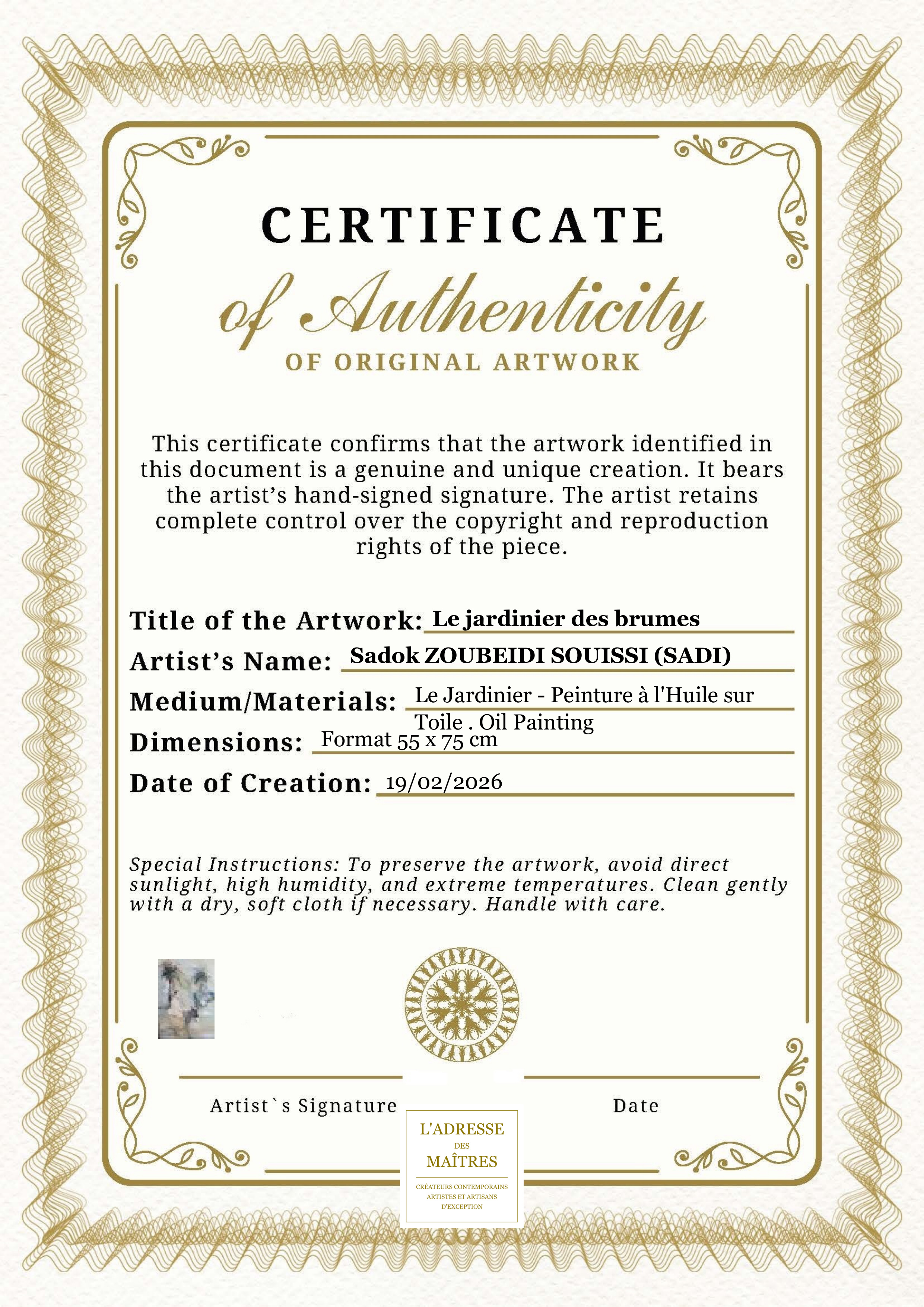 Certificat d'authenticité — Le jardinier des brumes — Sadok ZOUBEIDI SOUISSI (SADI)