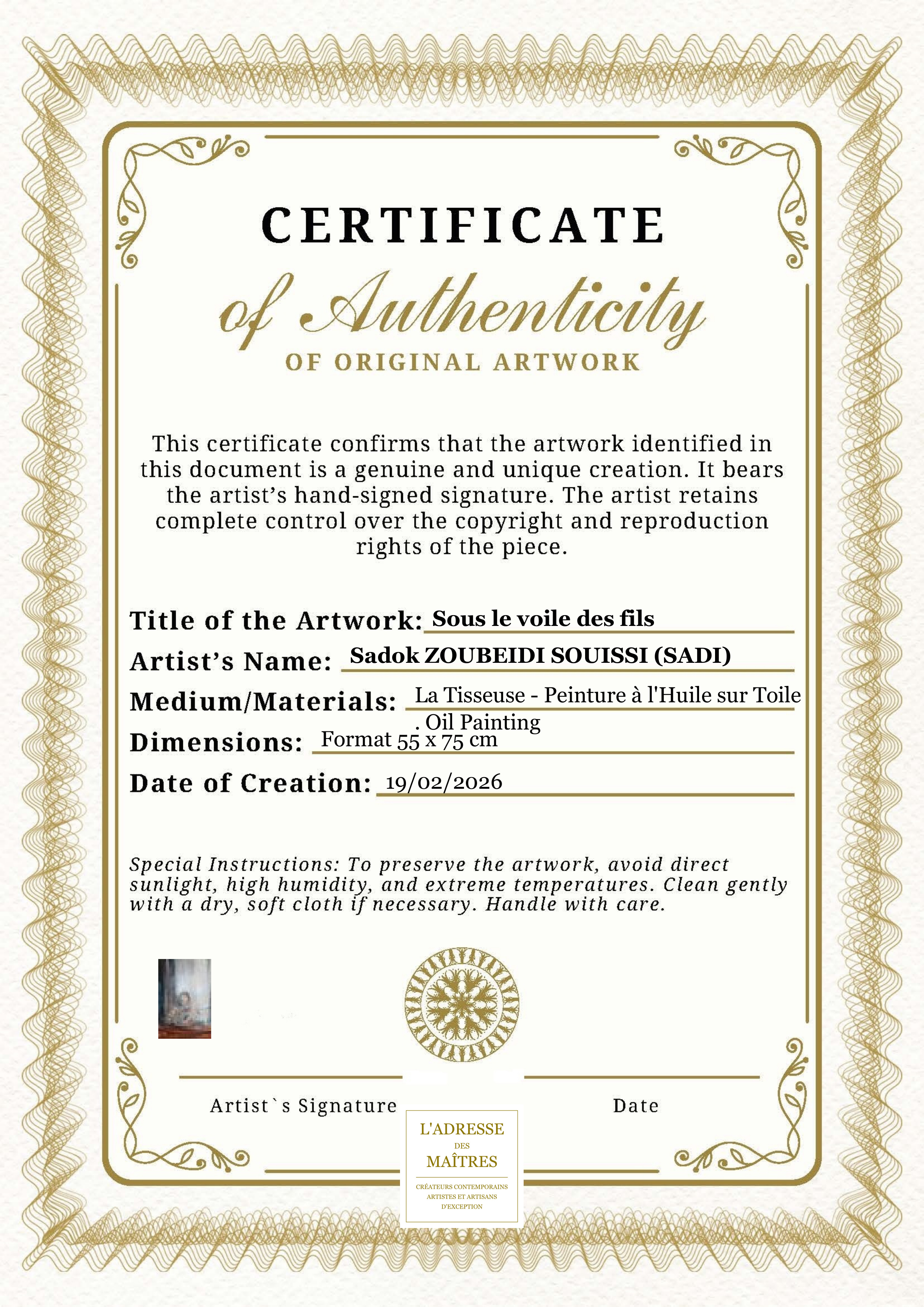 Certificat d'authenticité — Sous le voile des fils — Sadok ZOUBEIDI SOUISSI (SADI)