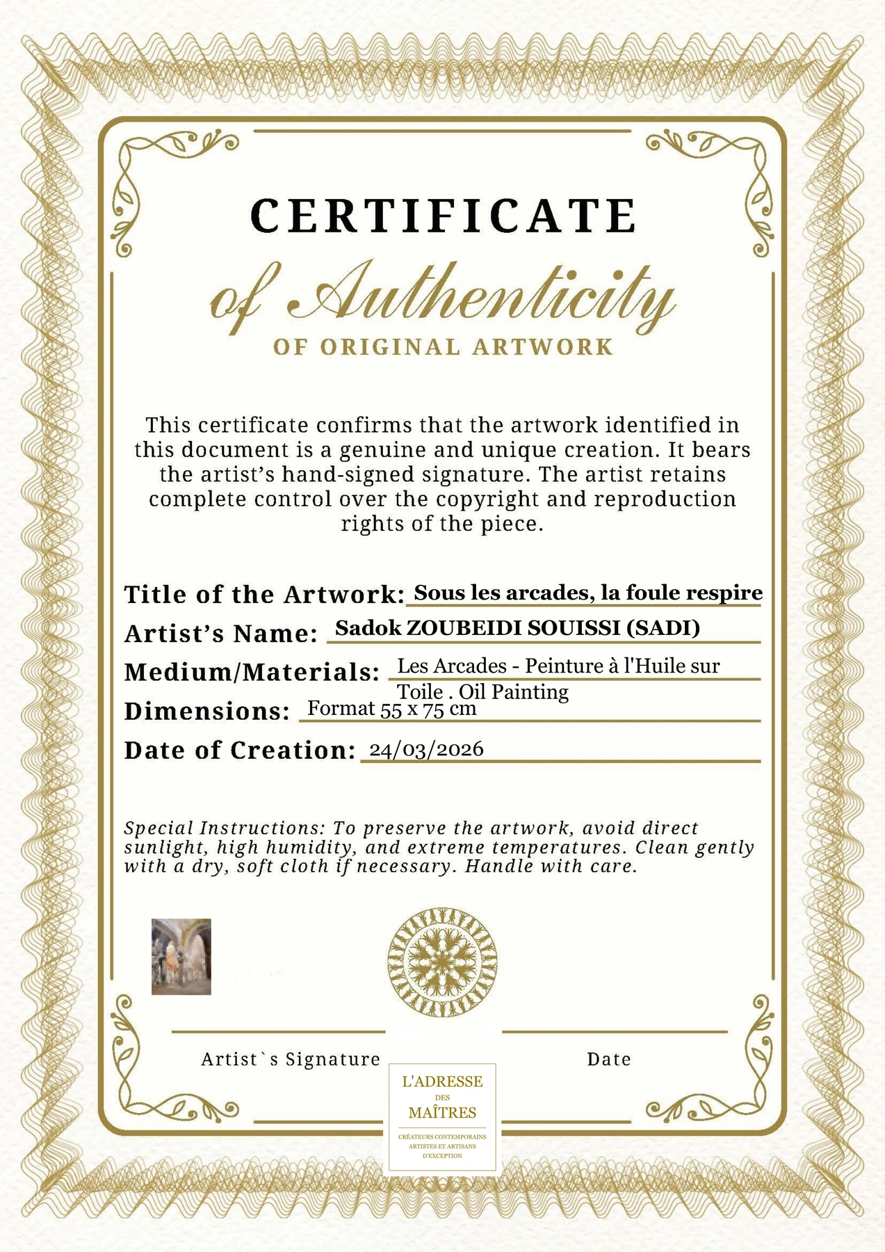 Certificat d'authenticité - Sous les arcades, la foule respire - Sadok ZOUBEIDI SOUISSI (SADI)
