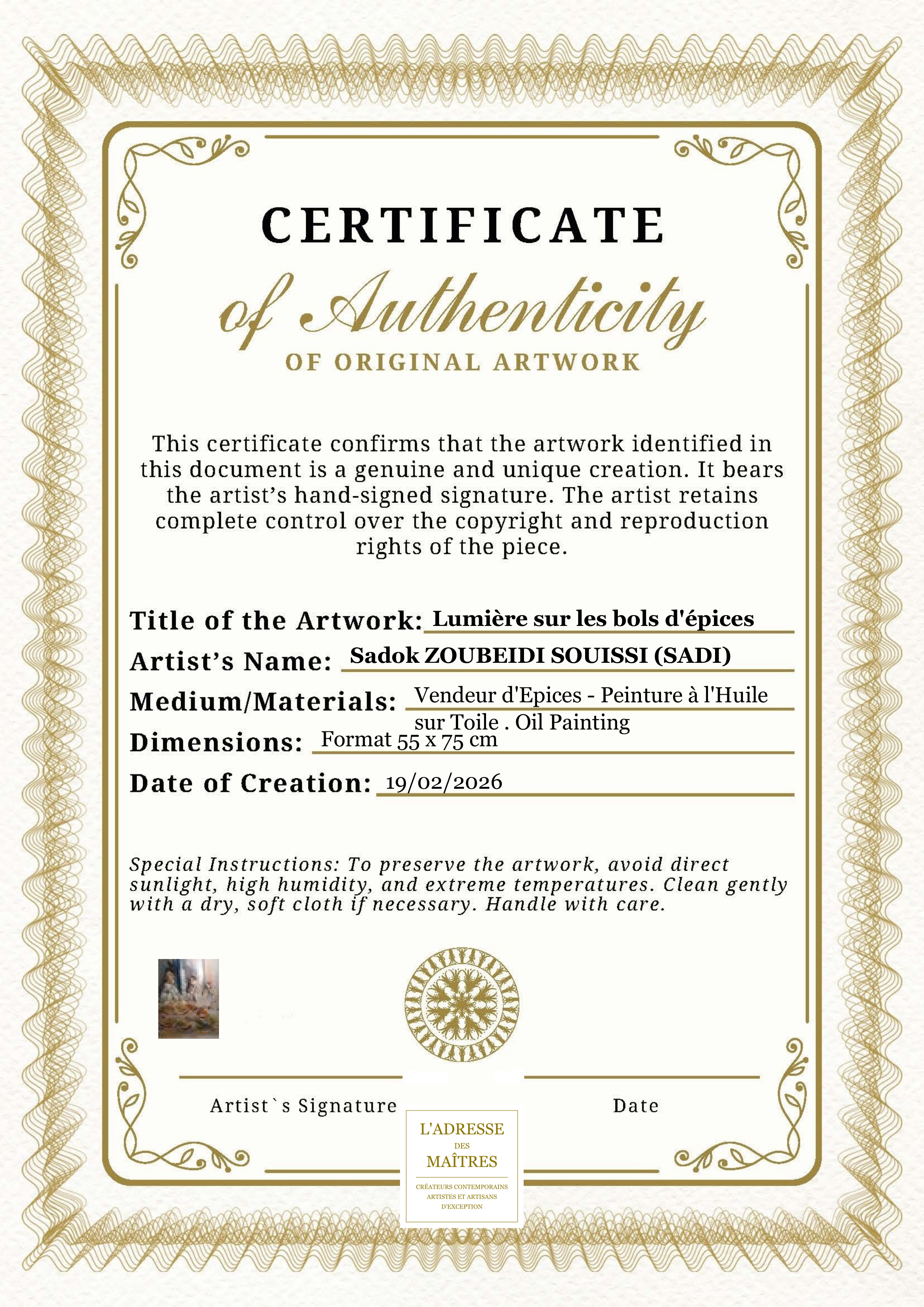 Certificat d'authenticité — Lumière sur les bols d'épices — Sadok ZOUBEIDI SOUISSI (SADI)