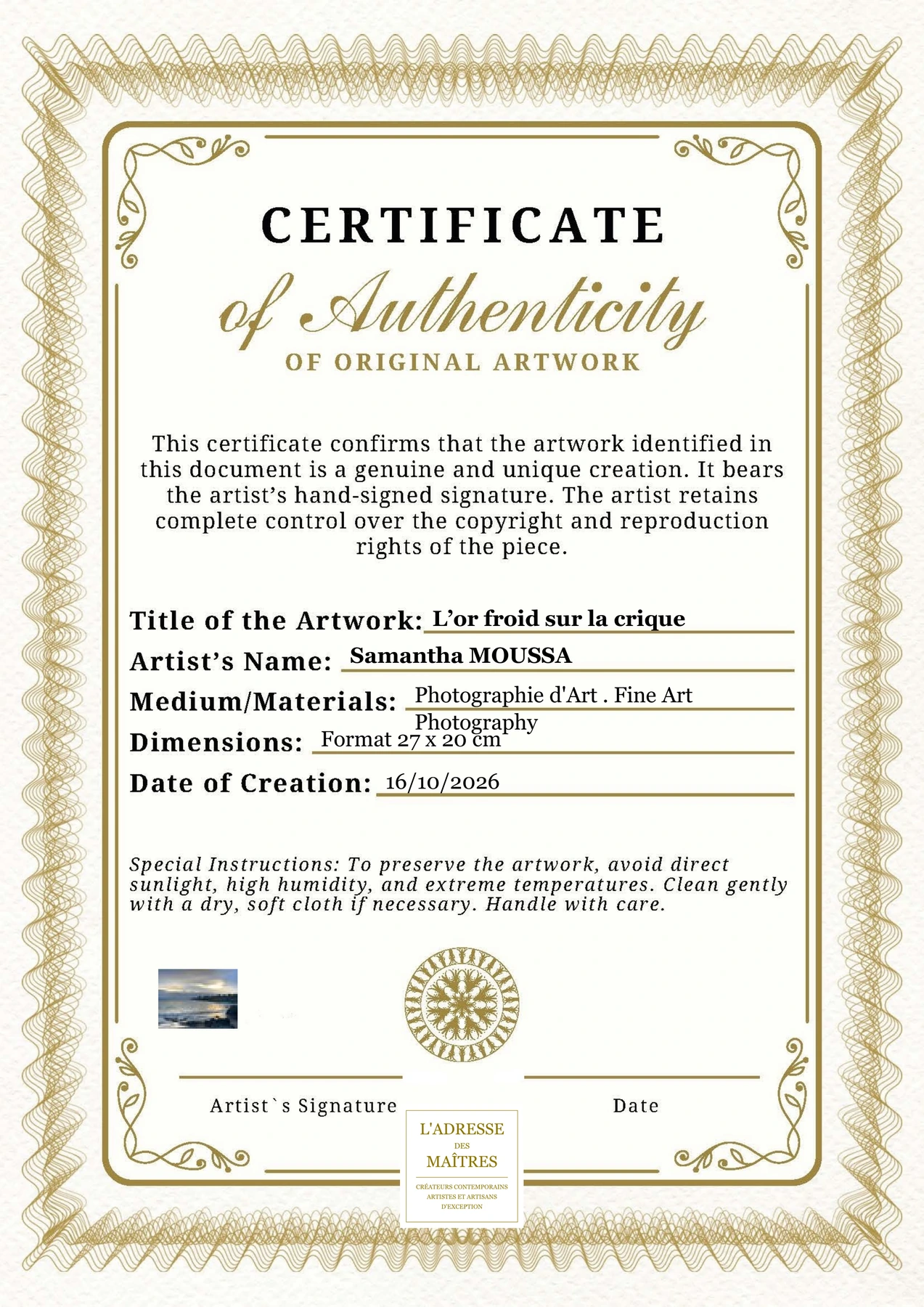 Certificat d'authenticité - L’or froid sur la crique - Samantha MOUSSA