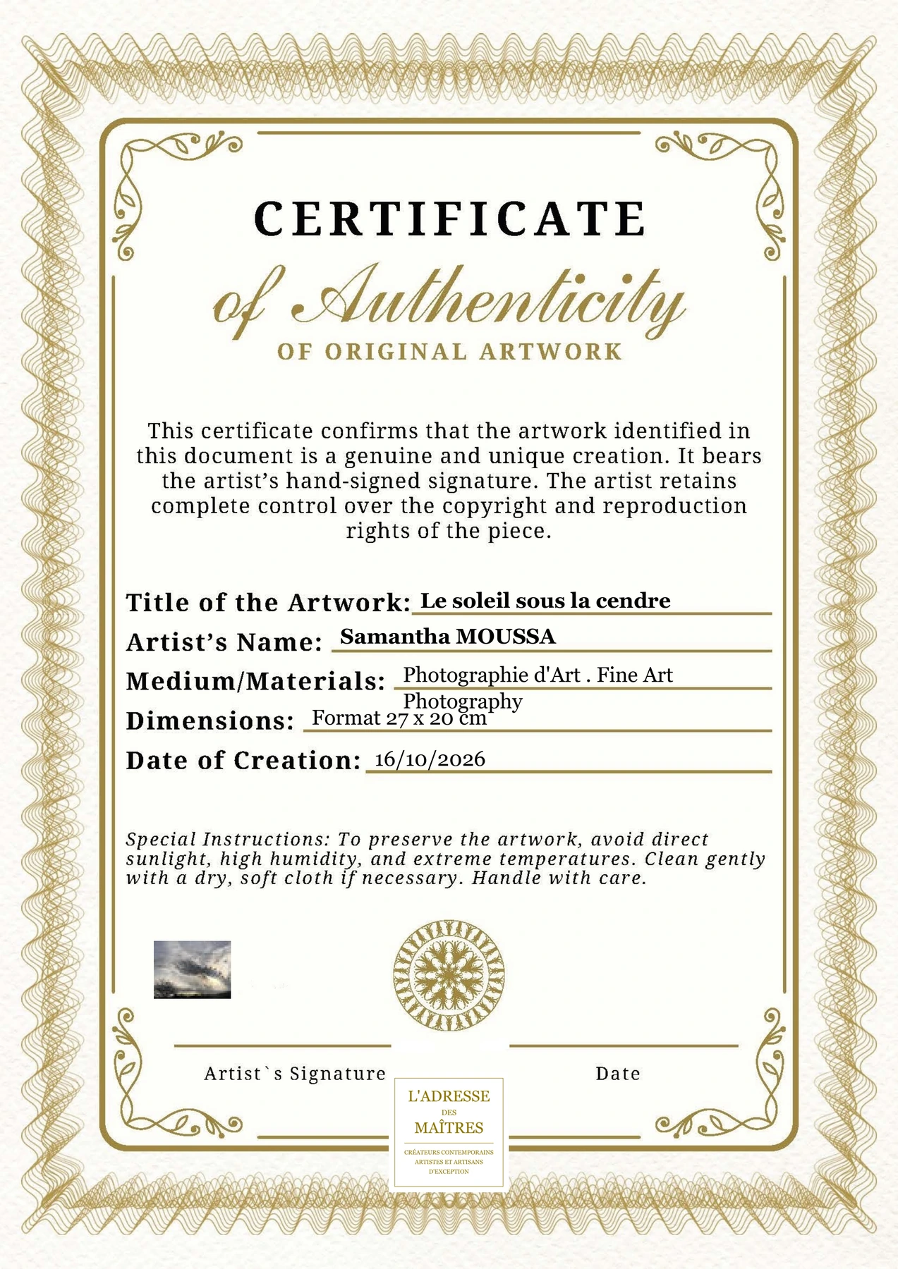 Certificat d'authenticité - Le soleil sous la cendre - Samantha MOUSSA