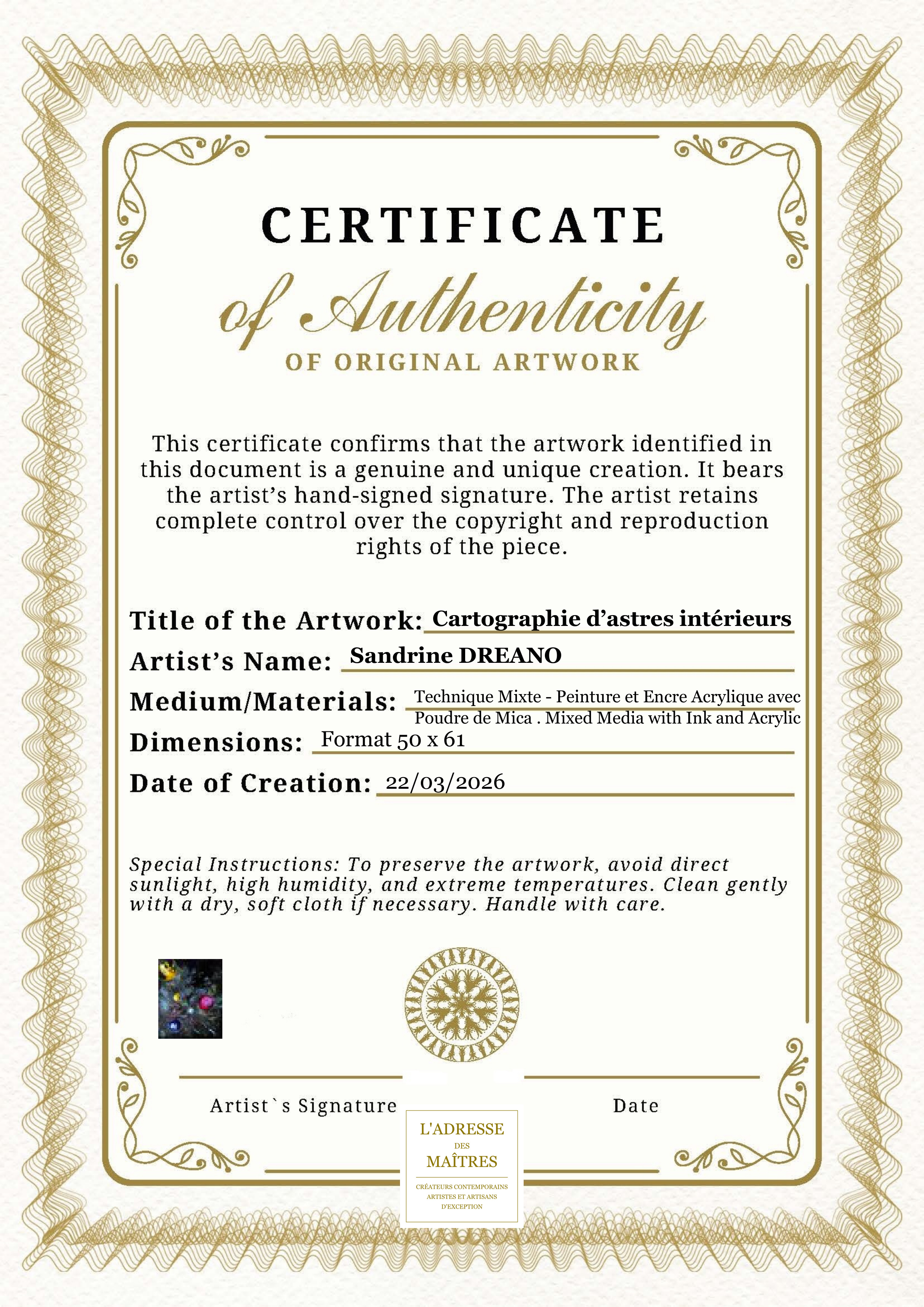 Certificat d'authenticité — Cartographie d’astres intérieurs — Sandrine DREANO