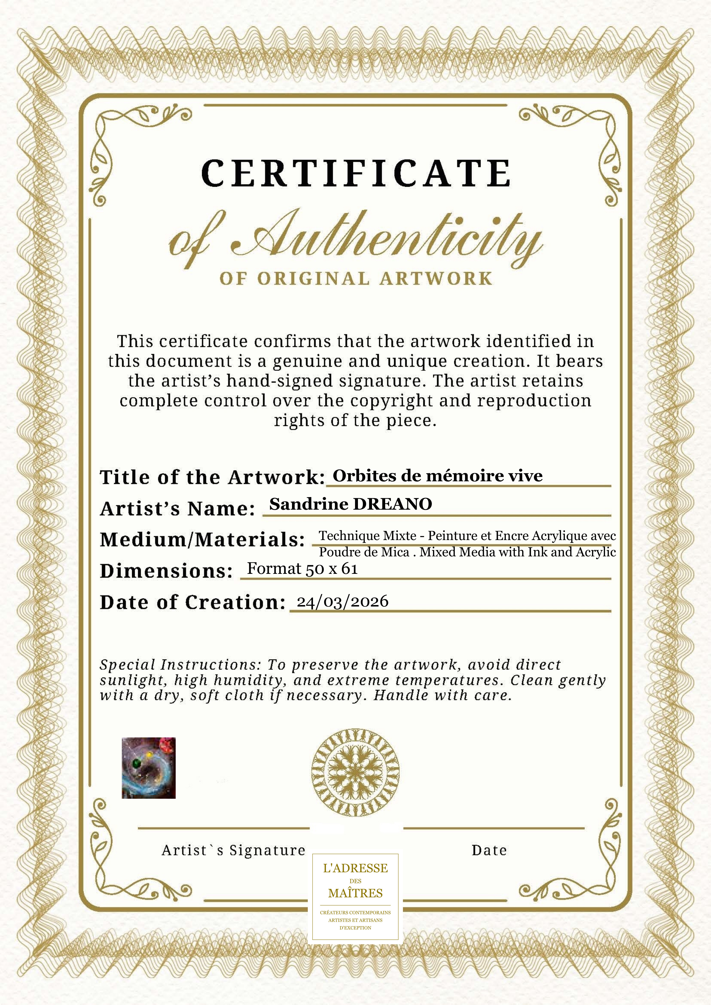 Certificat d'authenticité — Orbites de mémoire vive — Sandrine DREANO