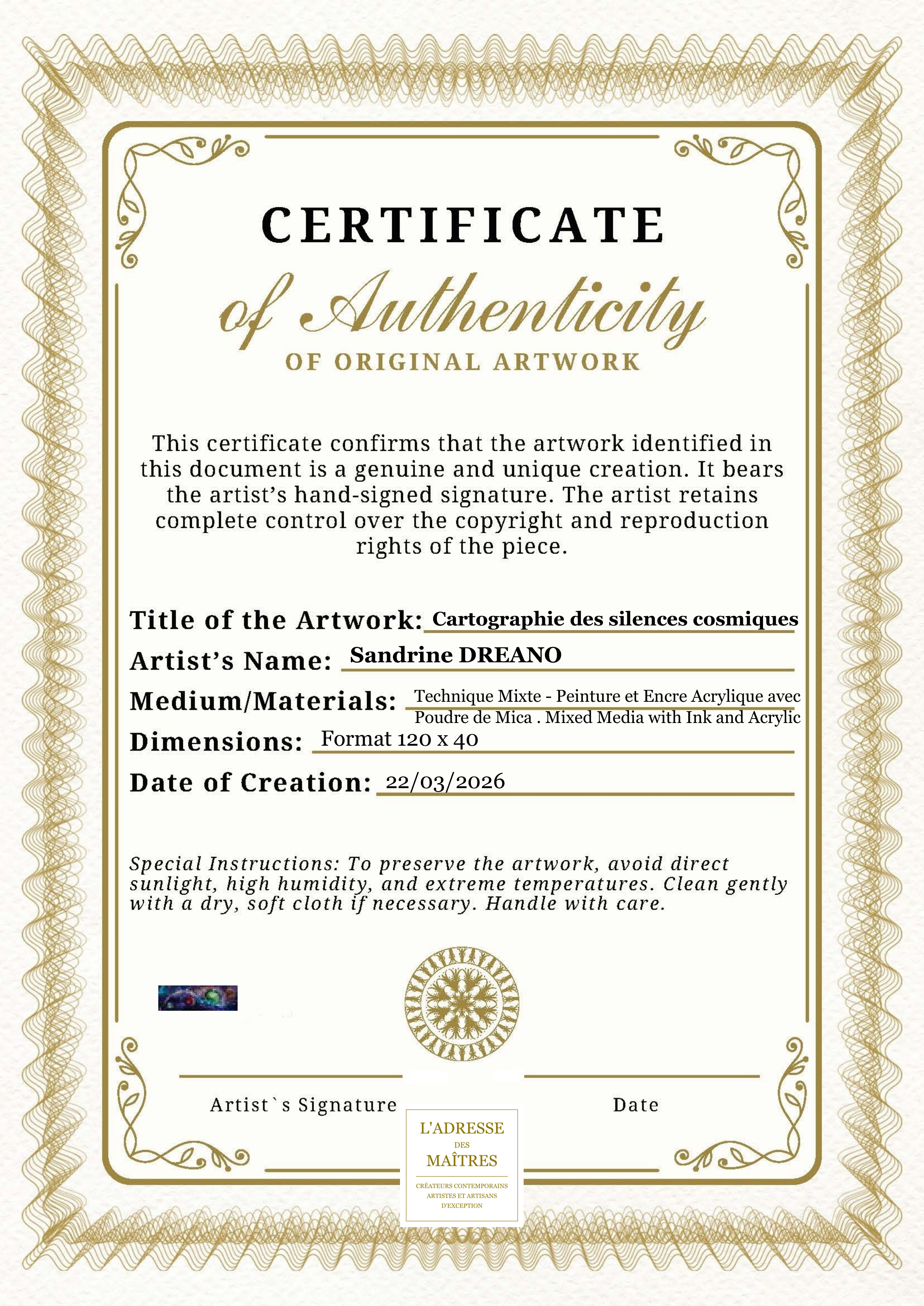 Certificat d'authenticité — Cartographie des silences cosmiques — Sandrine DREANO