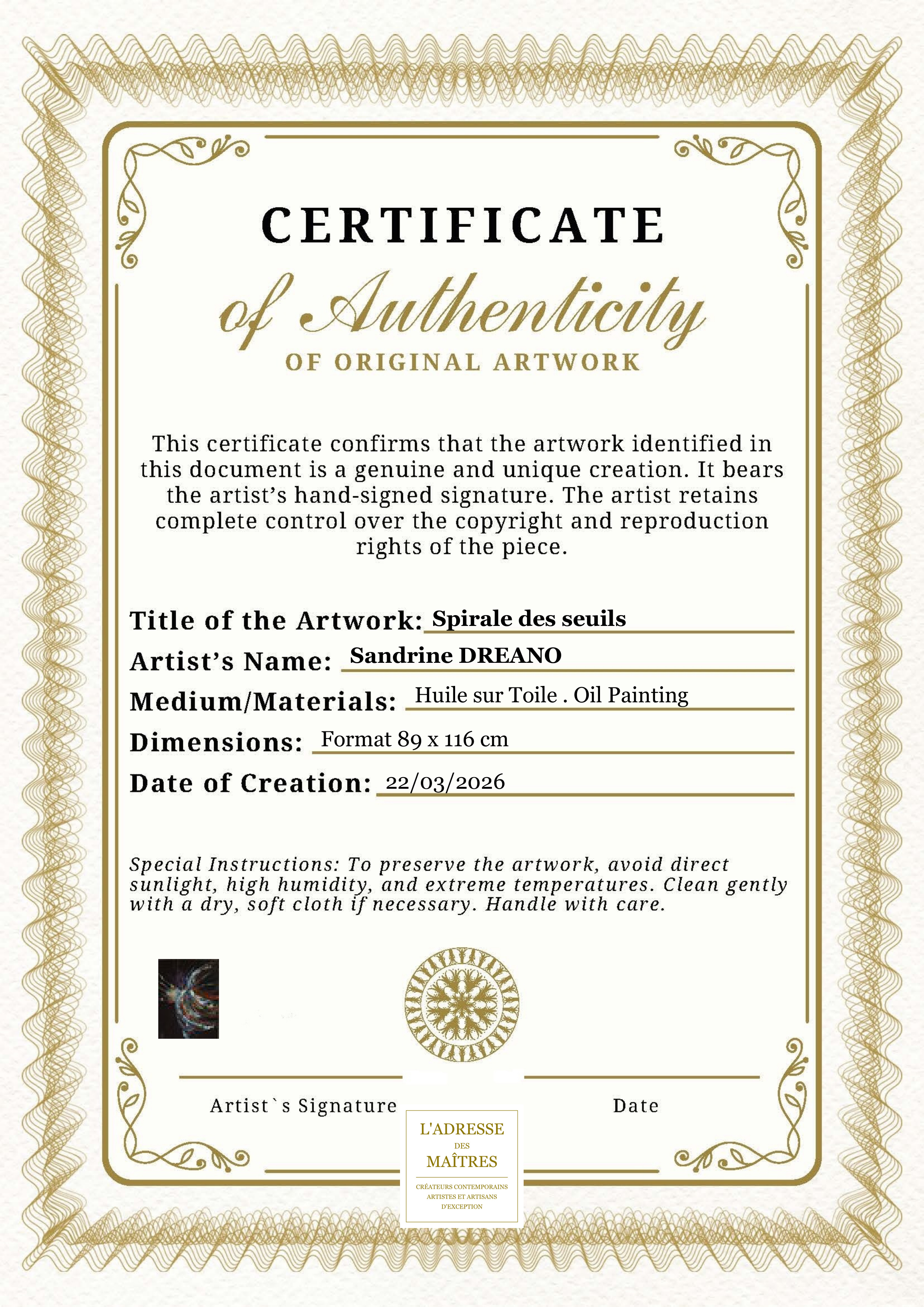 Certificat d'authenticité — Spirale des seuils — Sandrine DREANO