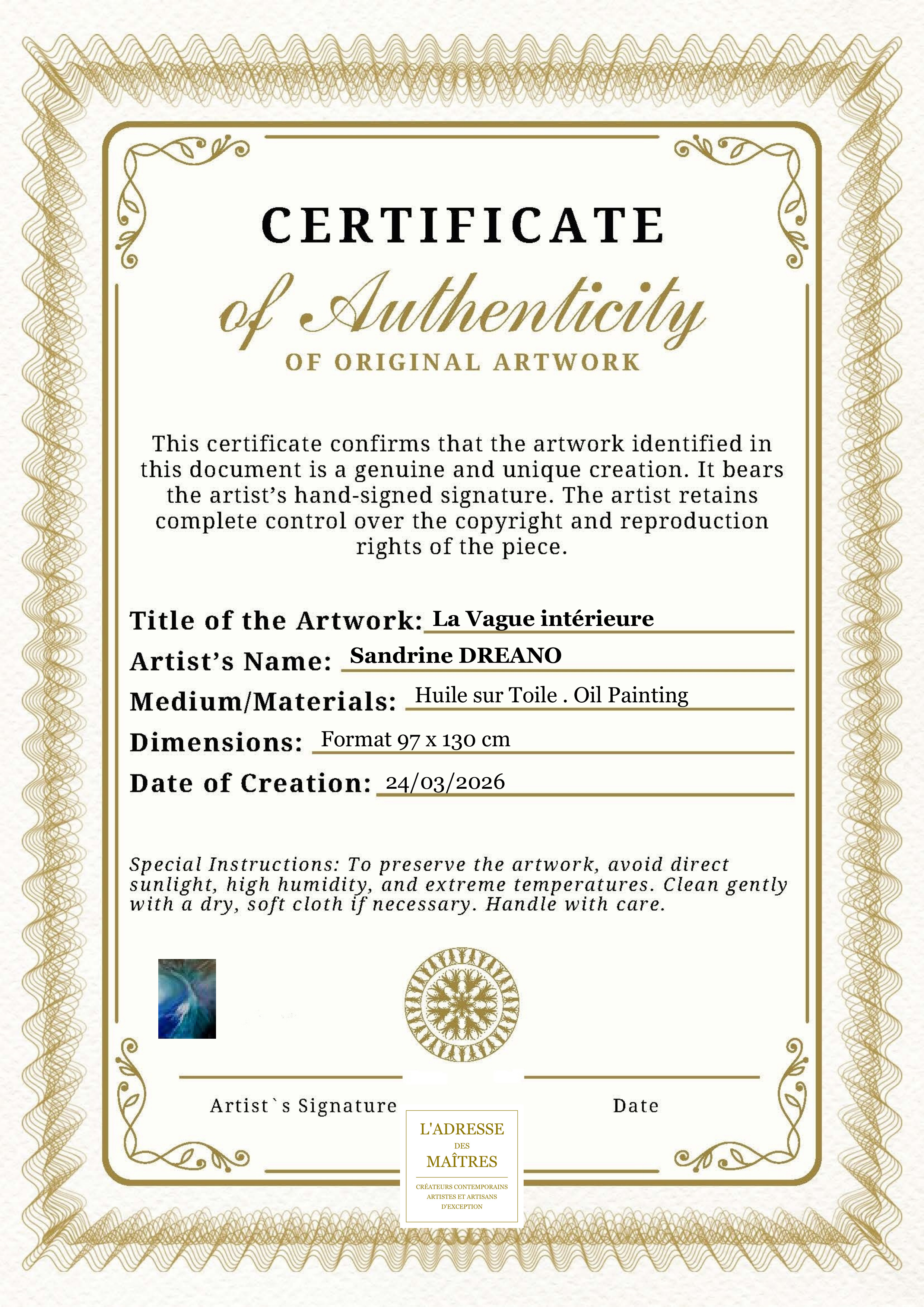 Certificat d'authenticité — La Vague intérieure — Sandrine DREANO