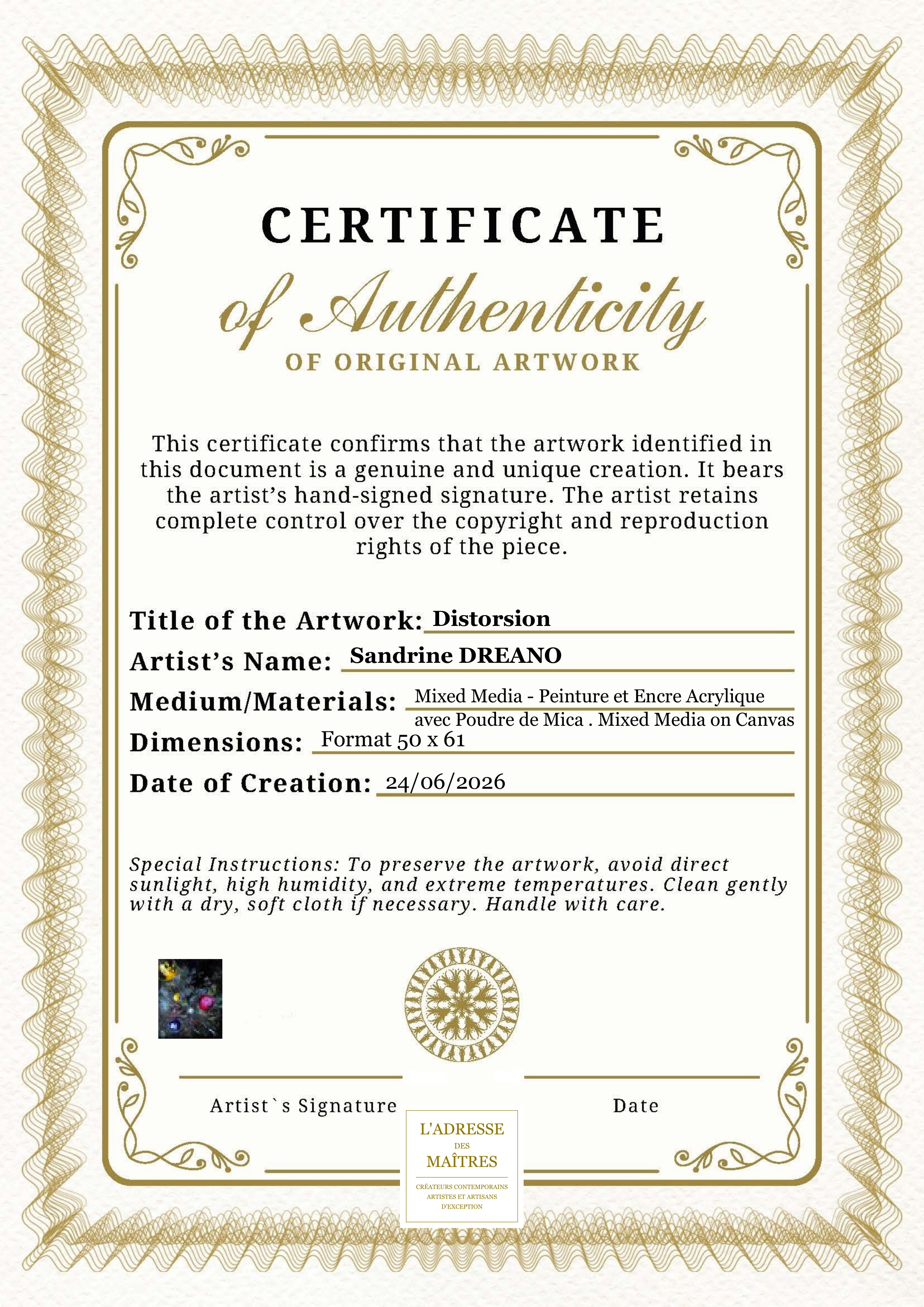 Certificat d'authenticité — Distorsion — Sandrine DREANO