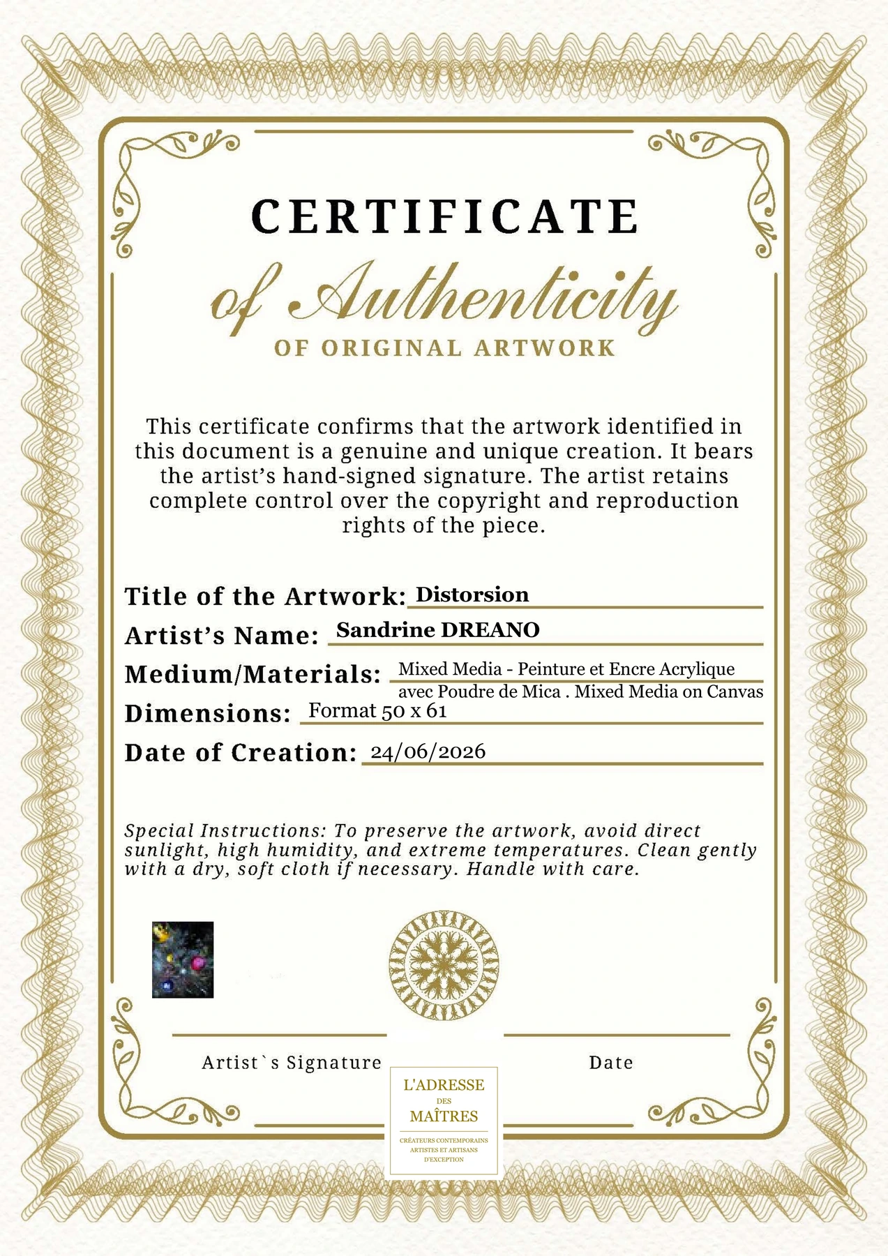 Certificat d'authenticité - Distorsion - Sandrine DREANO
