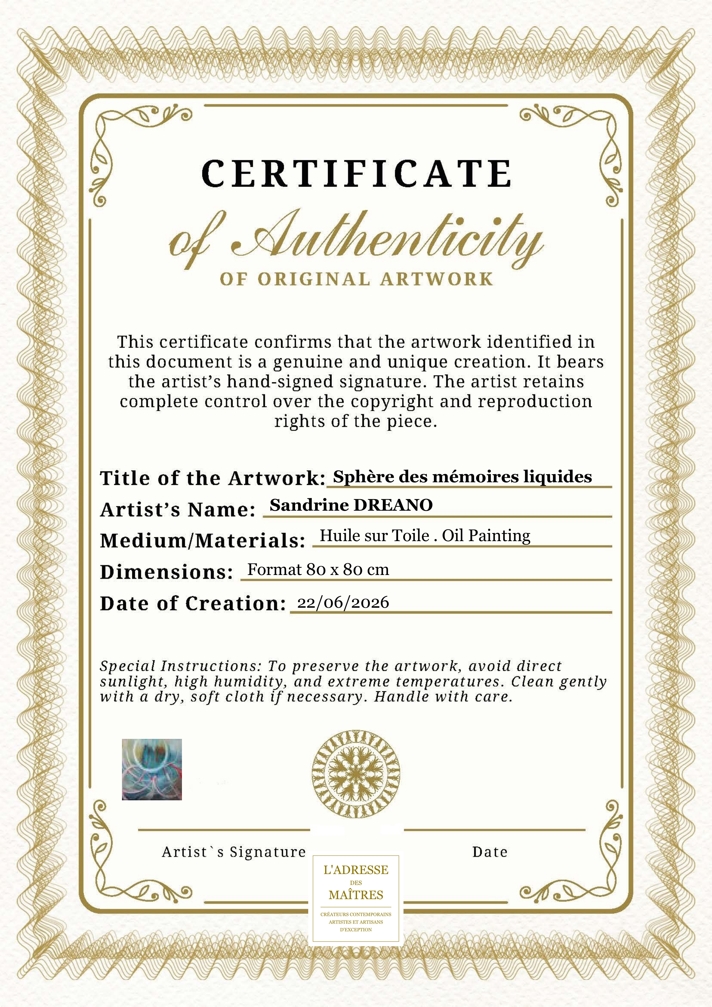 Certificat d'authenticité — Sphère des mémoires liquides — Sandrine DREANO