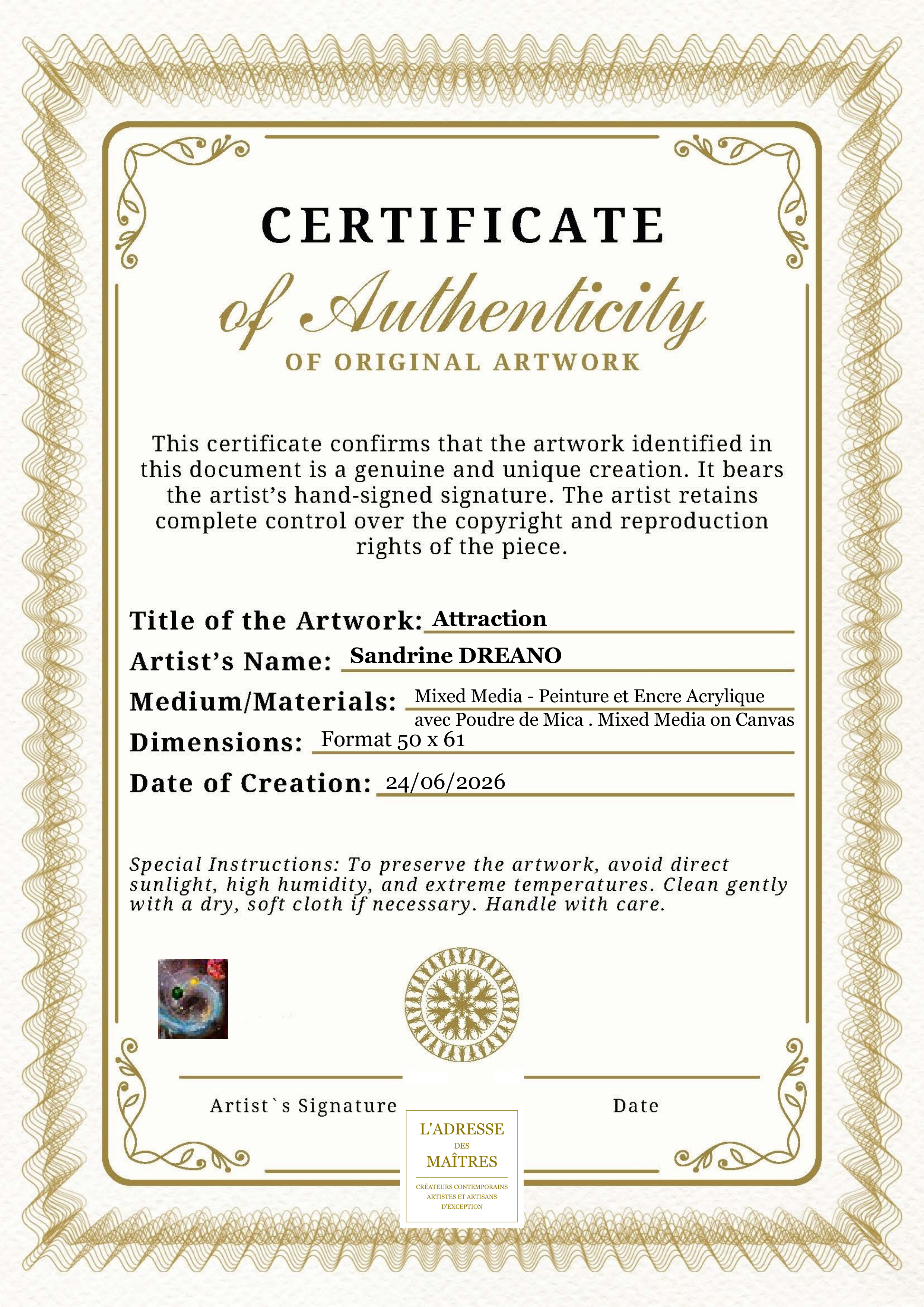 Certificat d'authenticité — Attraction — Sandrine DREANO