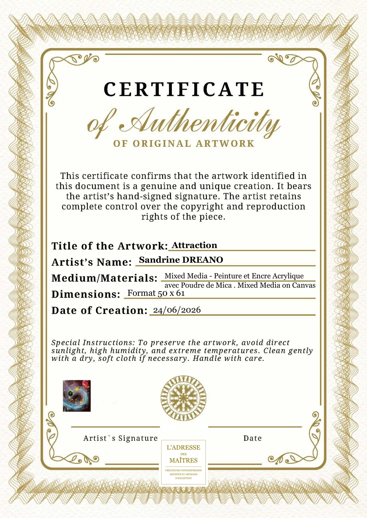 Certificat d'authenticité - Attraction - Sandrine DREANO