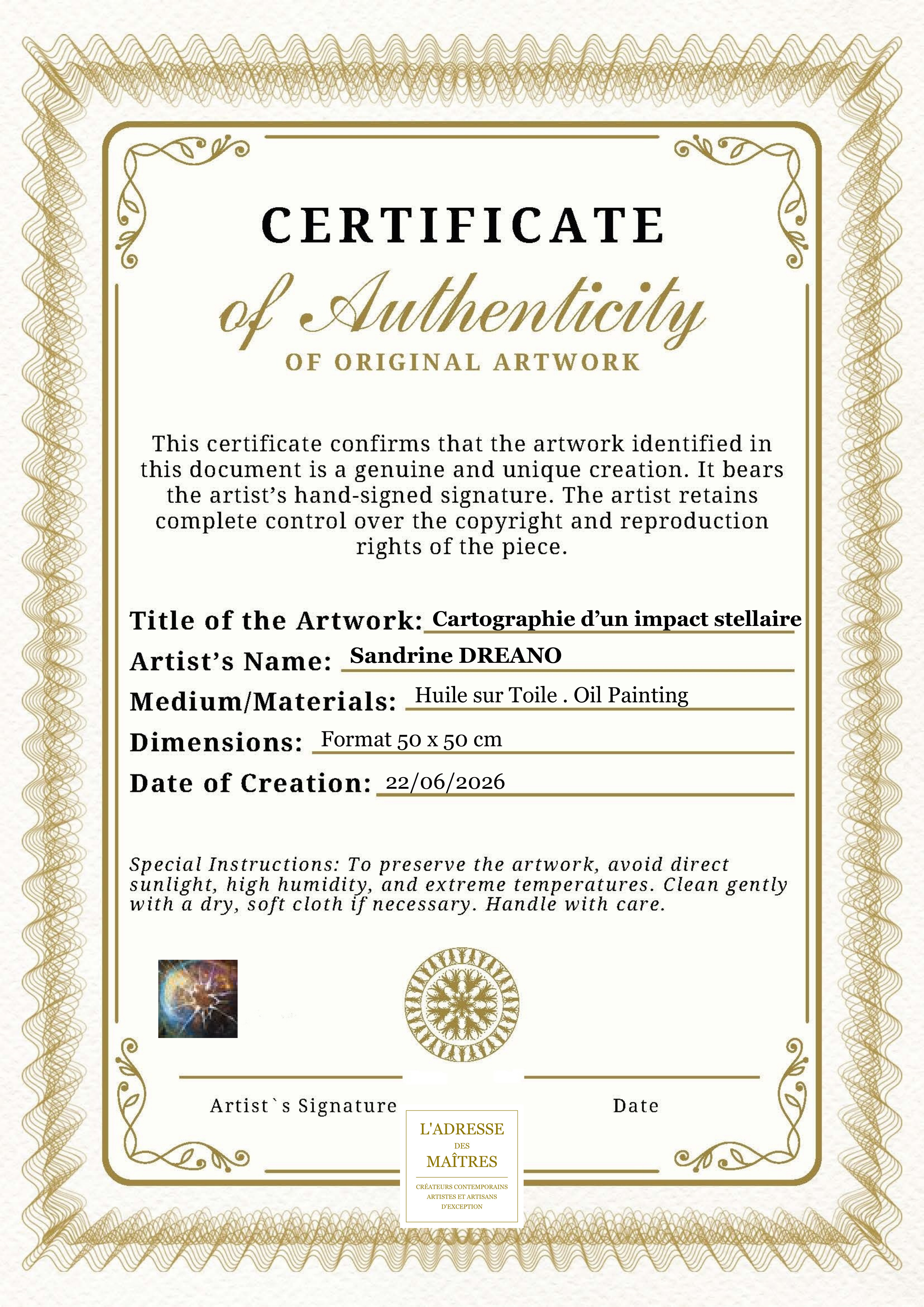 Certificat d'authenticité — Cartographie d’un impact stellaire — Sandrine DREANO