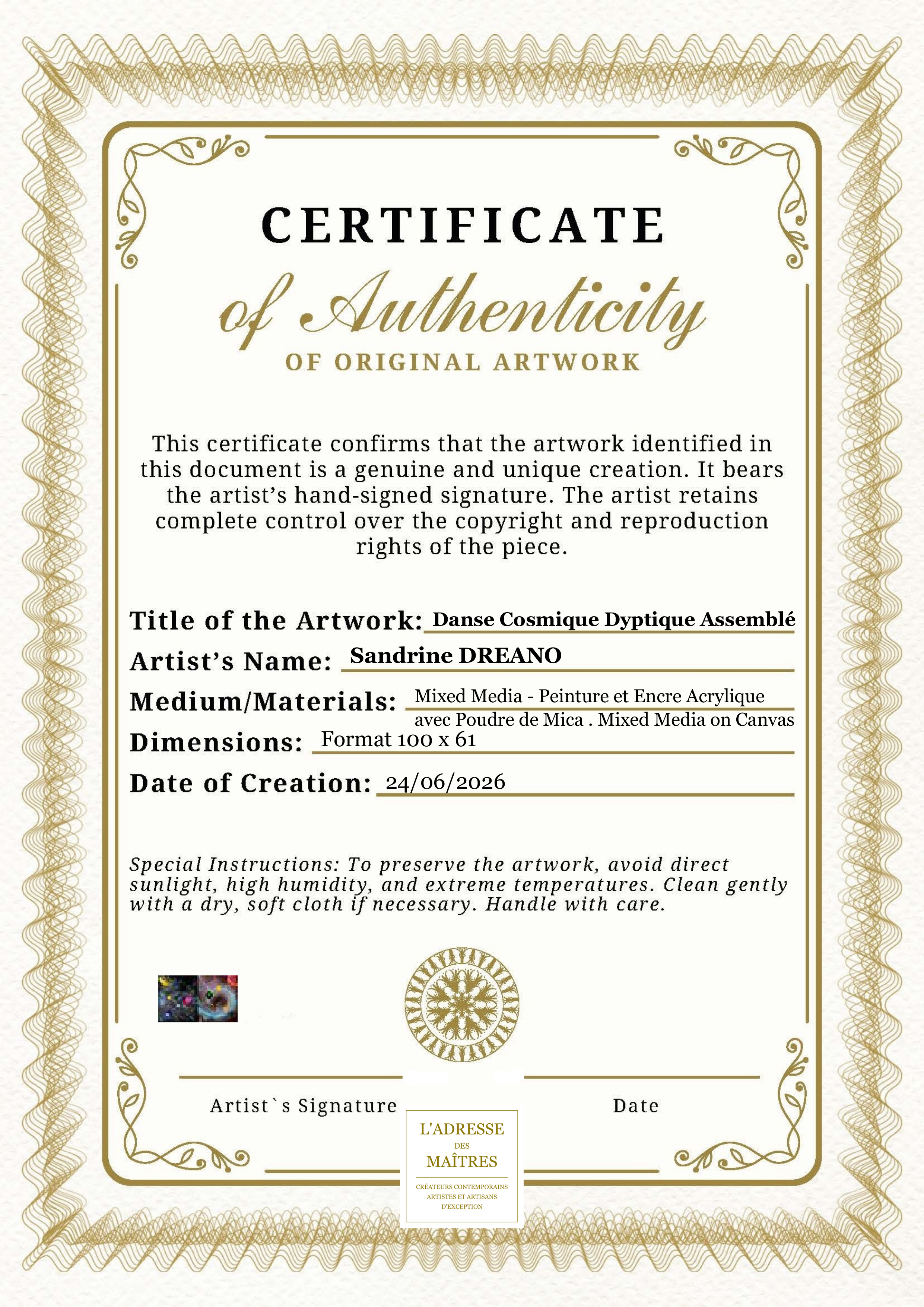 Certificat d'authenticité — Danse Cosmique Dyptique Assemblé — Sandrine DREANO