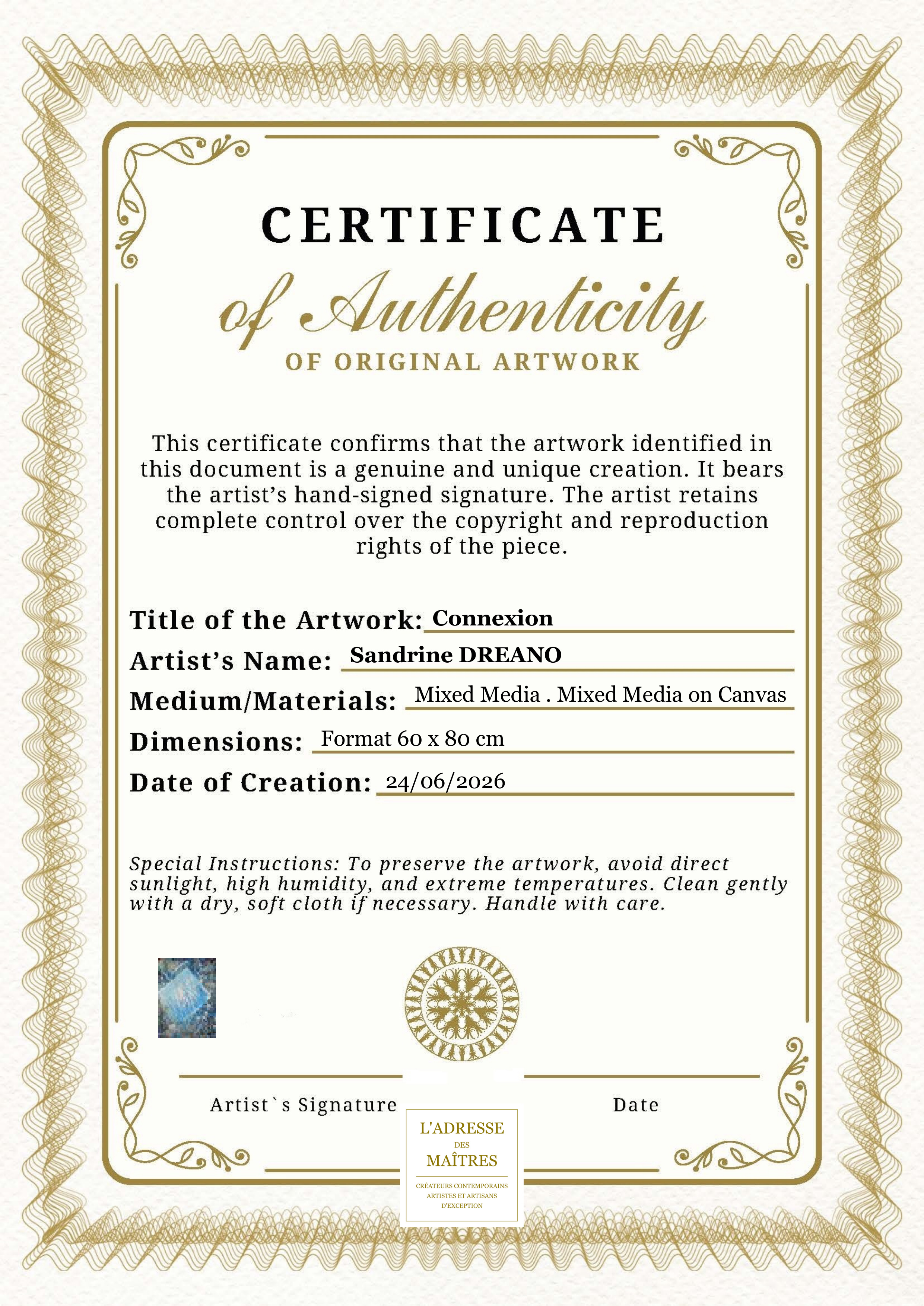 Certificat d'authenticité — Connexion — Sandrine DREANO