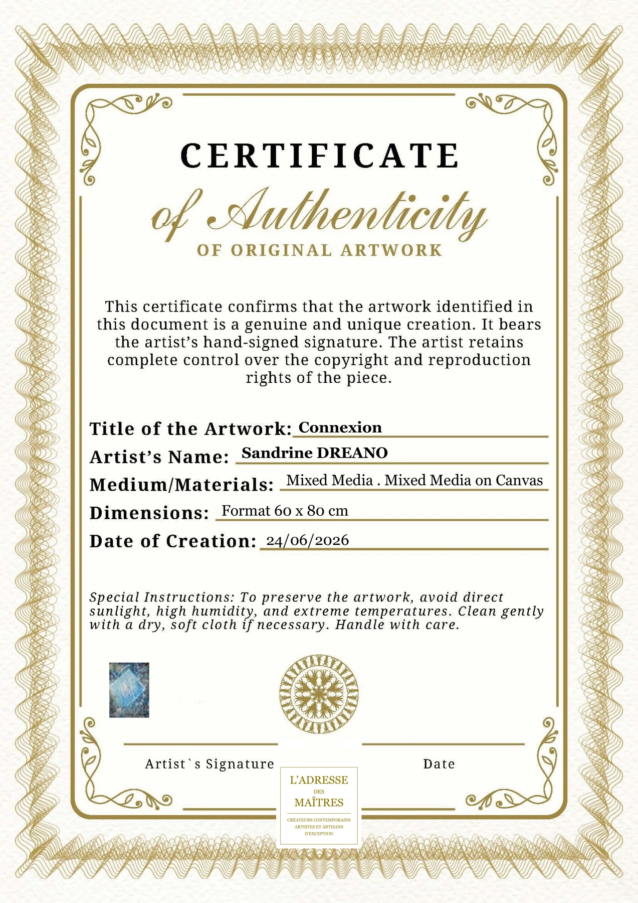 Certificat d'authenticité - Connexion - Sandrine DREANO