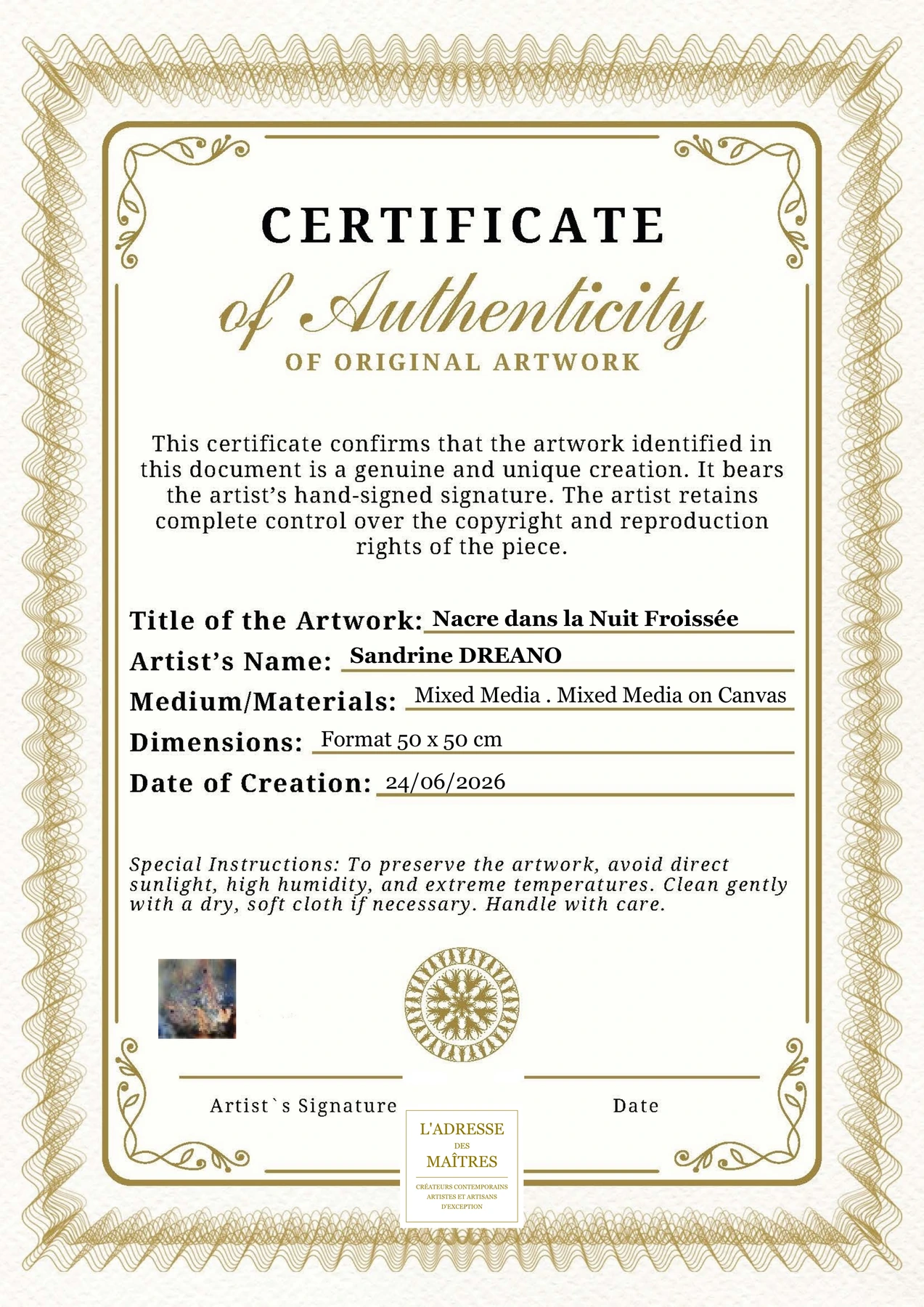 Certificat d'authenticité - Nacre dans la Nuit Froissée - Sandrine DREANO