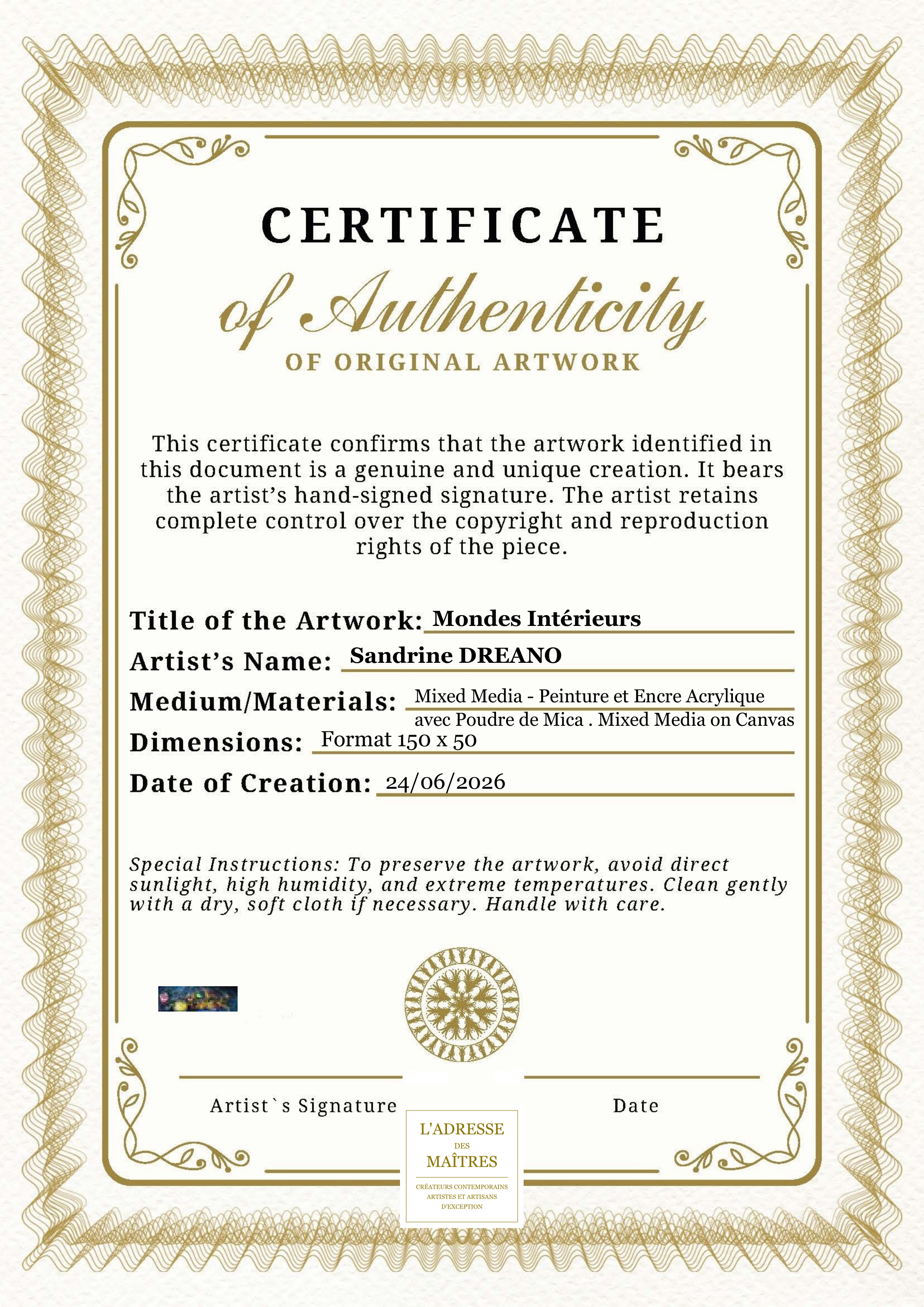 Certificat d'authenticité — Mondes Intérieurs — Sandrine DREANO