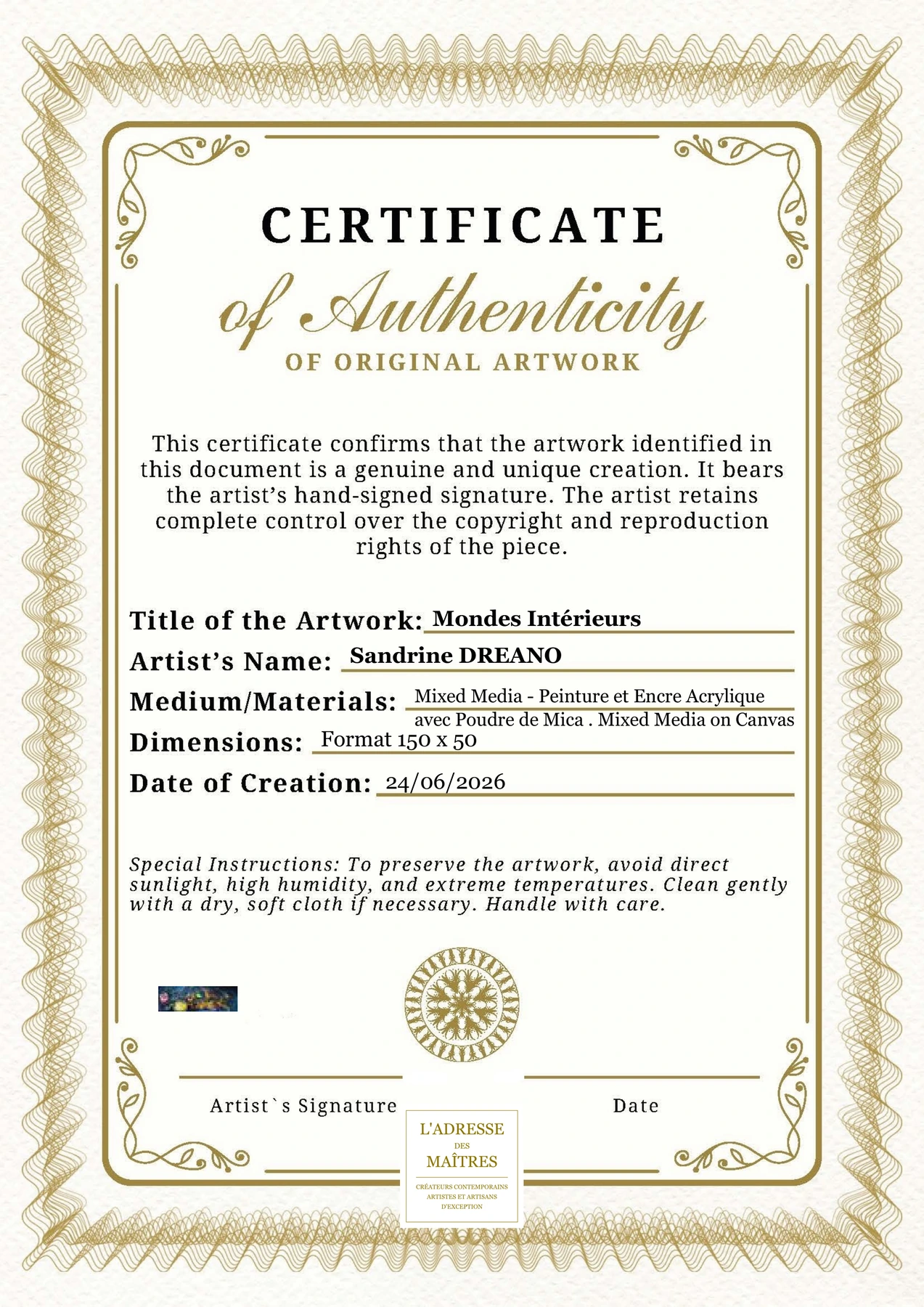Certificat d'authenticité - Mondes Intérieurs - Sandrine DREANO